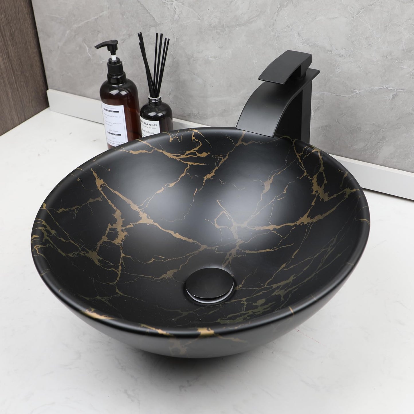 Focitland Round Bathroom Sink Bowl Black Vessel Sink with Waterfall Faucet Combo Bathroom Sink Above Counter Ceramic Vessel Sink Art Basin Sink for Bathroom