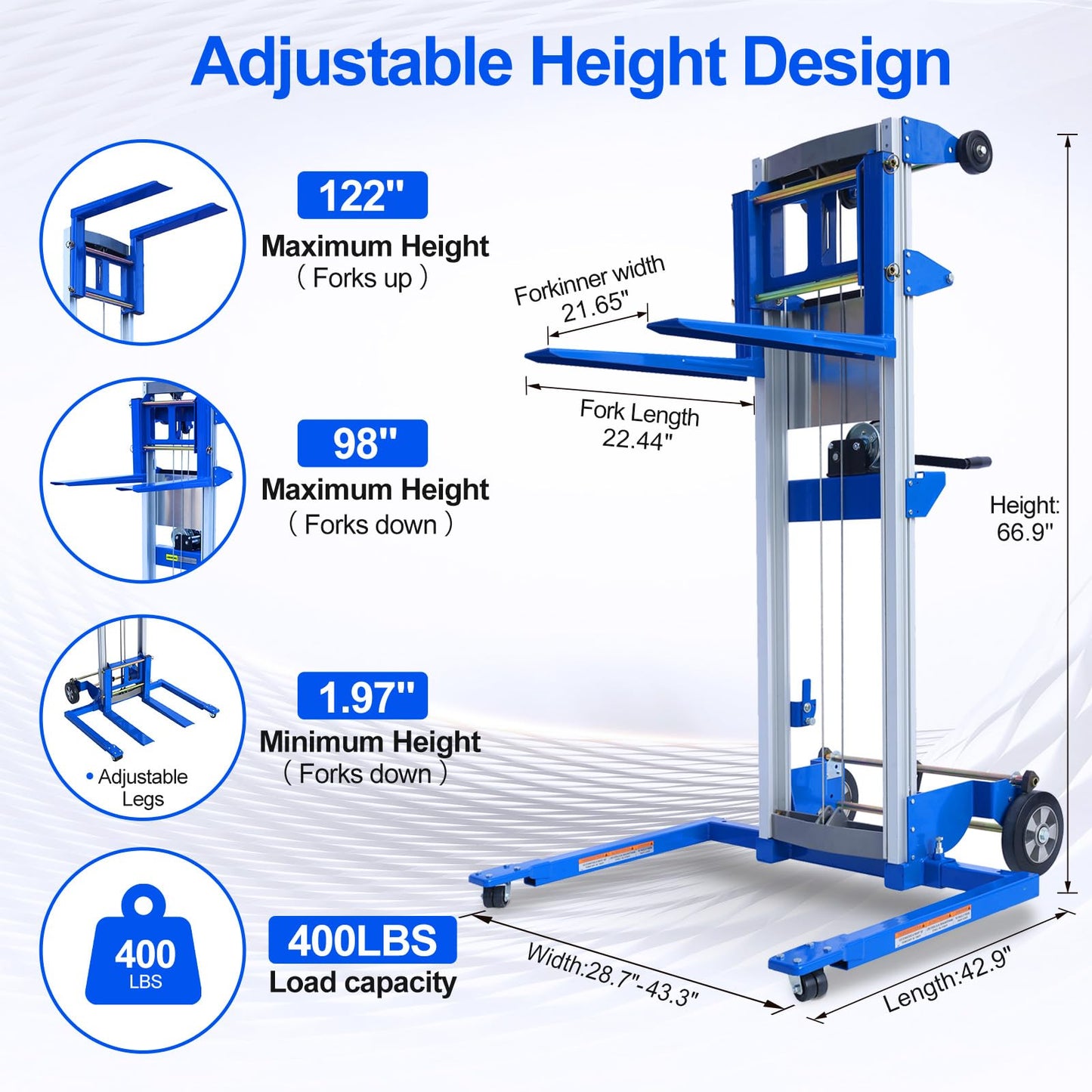 ELOMBR Material Lift Winch Stacker, 400 lbs Capacity, 122" Lift Height, Adjustable Straddle Hand Winch Lift Truck, Material Lifts for Warehouse, Factory, Library, 42.90"L x 43.30"W