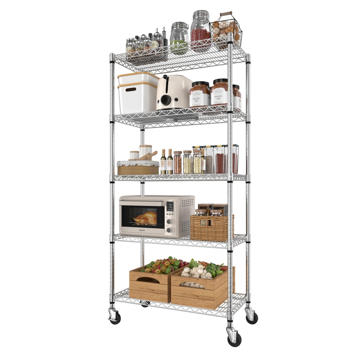 MUPATER 36" W x 18" D x 72" H Wire Shelving Rack, 5-Tier Heavy Duty Rolling Wire Shelving Rack with 2000LBS Capacity, Adjustable Shelves & 3" Silent Lockable Casters for Kitchen, Silver