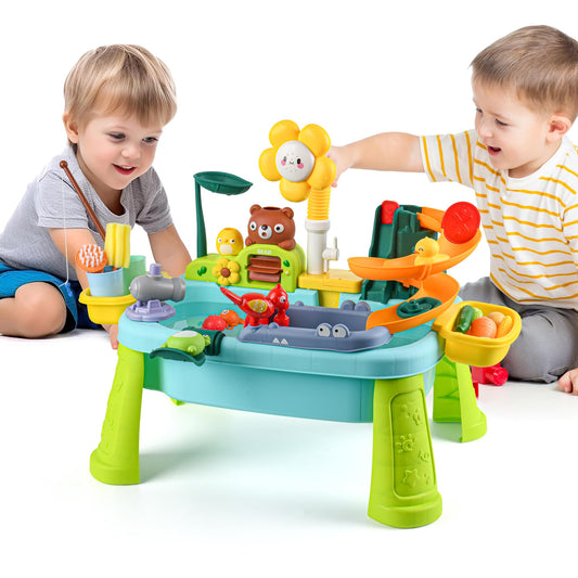 Upgraded Toddler Sand Water Table Toy with Electric Water Pump, Kids Sand Water with Faucet/Play Food Accessories/Fishing Toy, Kitchen Play Sink Toys for Girl Boy Age 3+ (Blue-Sunflower)