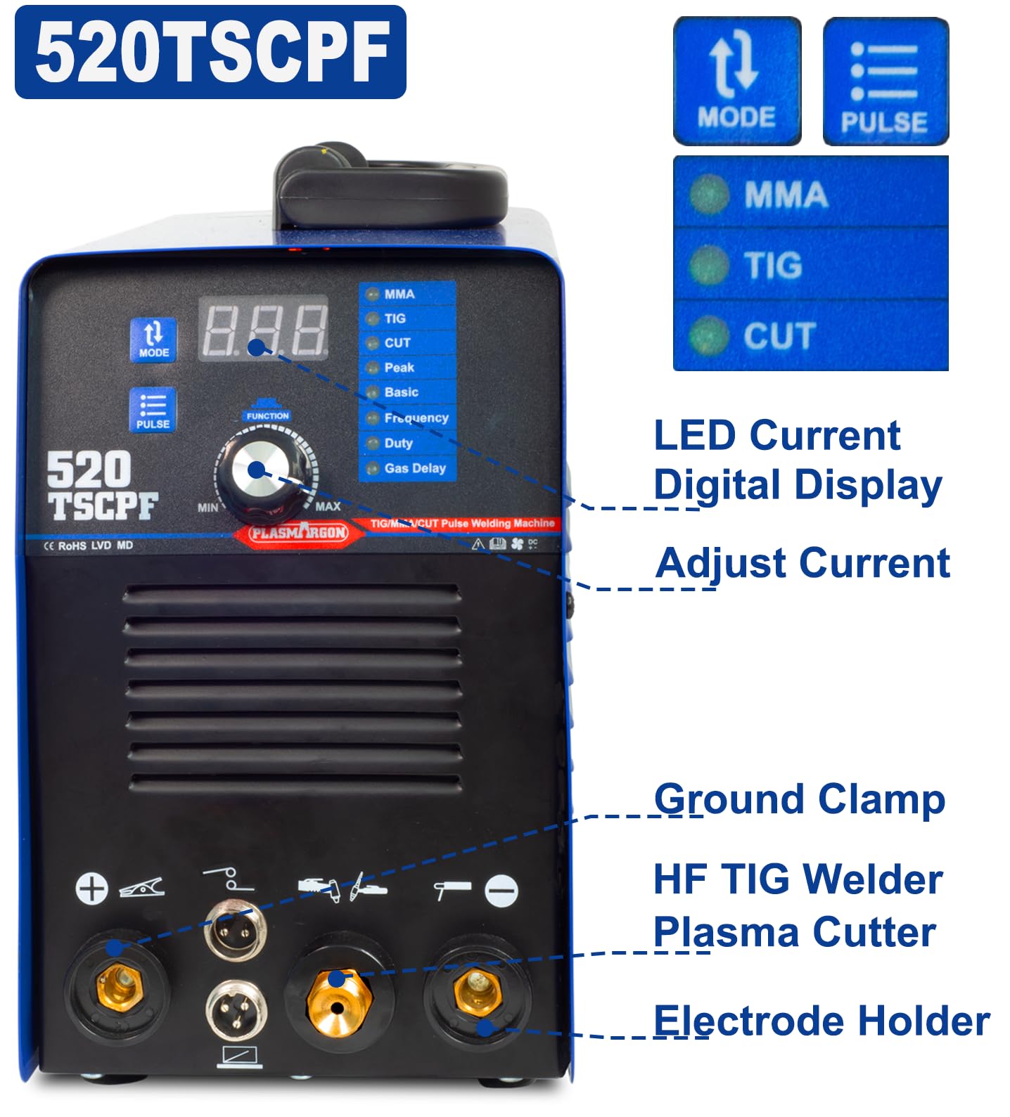 Plasma Cutter TIG Welder With PULSE Stick Welder Machine 520TSCPF Plasma Cutter Welder Combo 200A TIG/ARC Welding 50A Air Plasma Cutting Dual Voltage 110/220V 1/2" Clean Cut Upgrade Digital Panel