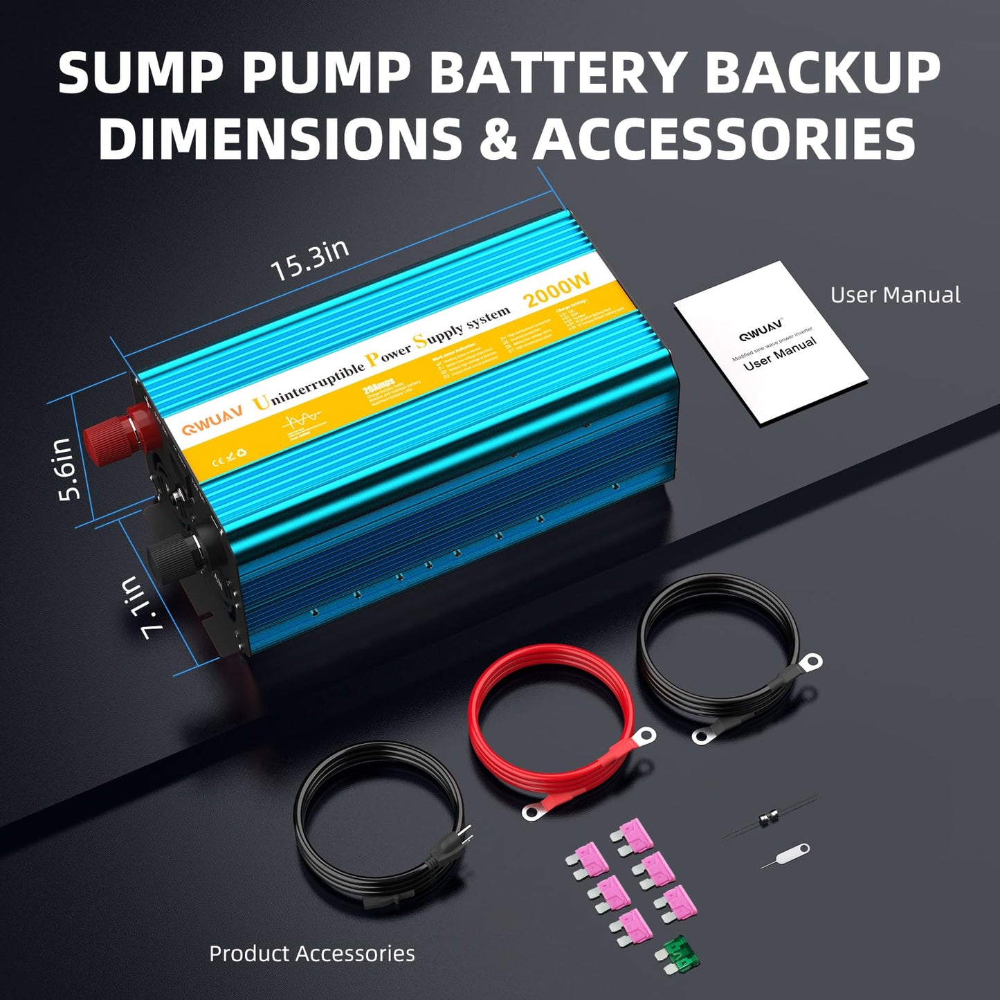 QWUAV 2000W Sump Pump Battery Backup, Pure Sine Wave Power Ouput with Smart Multifunction Screen, Professional Backup System for Basement Power Outage, AutoSwitching for Grid and Battery