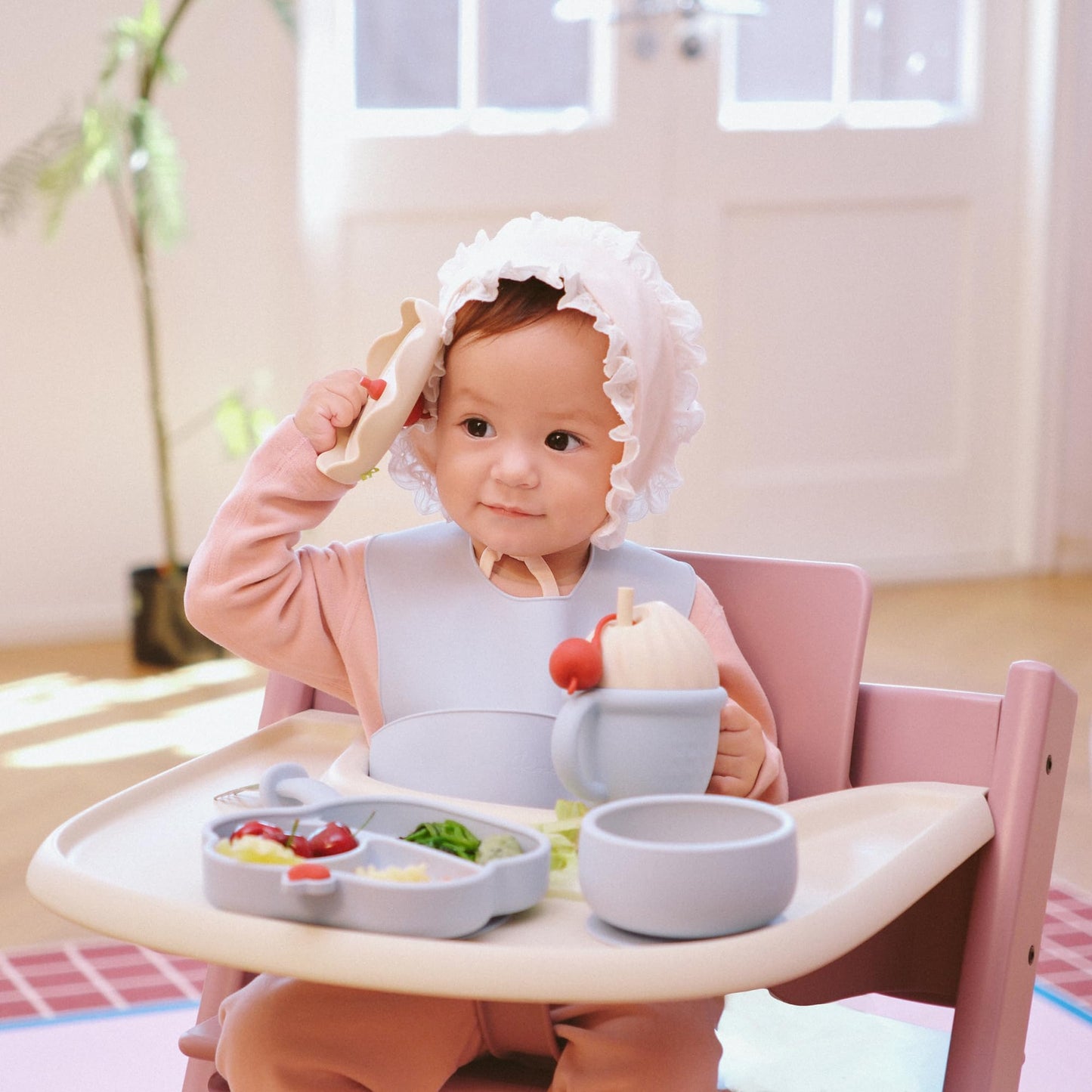 COZY ROCK Silicone Baby Feeding Set, Gelato Collection Baby Led Weaning Supplies, First Self-Feeding Ice Cream Set, Silicone Suction Bowl with Cherry Lid & Plate, Straw Cup & Bib, Fork & Spoon