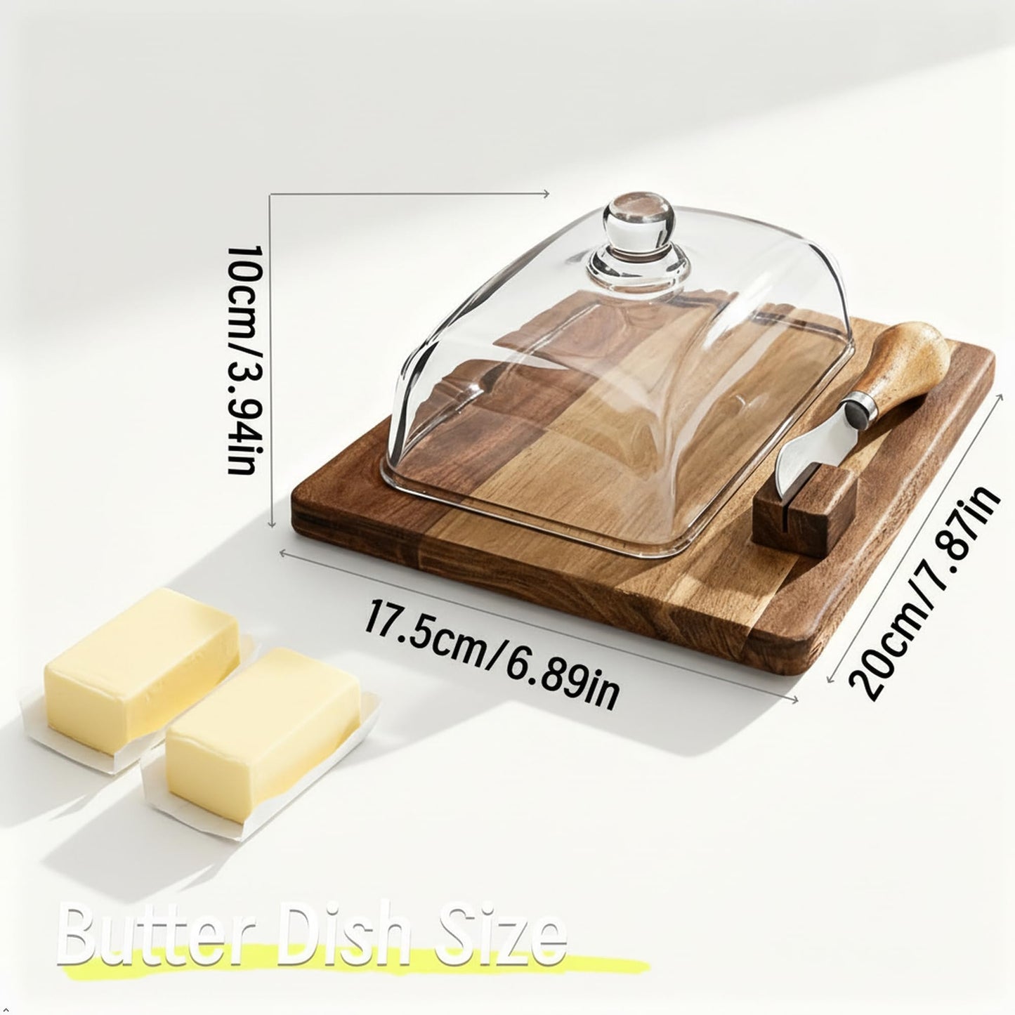 HAN SHENG Wooden Butter Dish with Glass Lid — Fits East & West Coast Sticks, Includes Stainless Steel Knife, Rustic Kitchen Countertop Decor