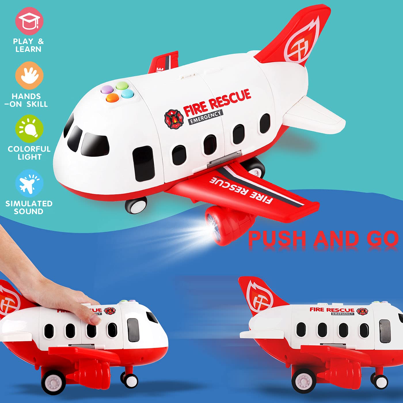 Dwi Dowellin Airplane Toys with Fire Truck Cars Toy Set and Play Mat,Plane with Light Up and Sounds,Birthday Gift for 3 4 5 6 Years Old Kids Boys Girls(Medium)