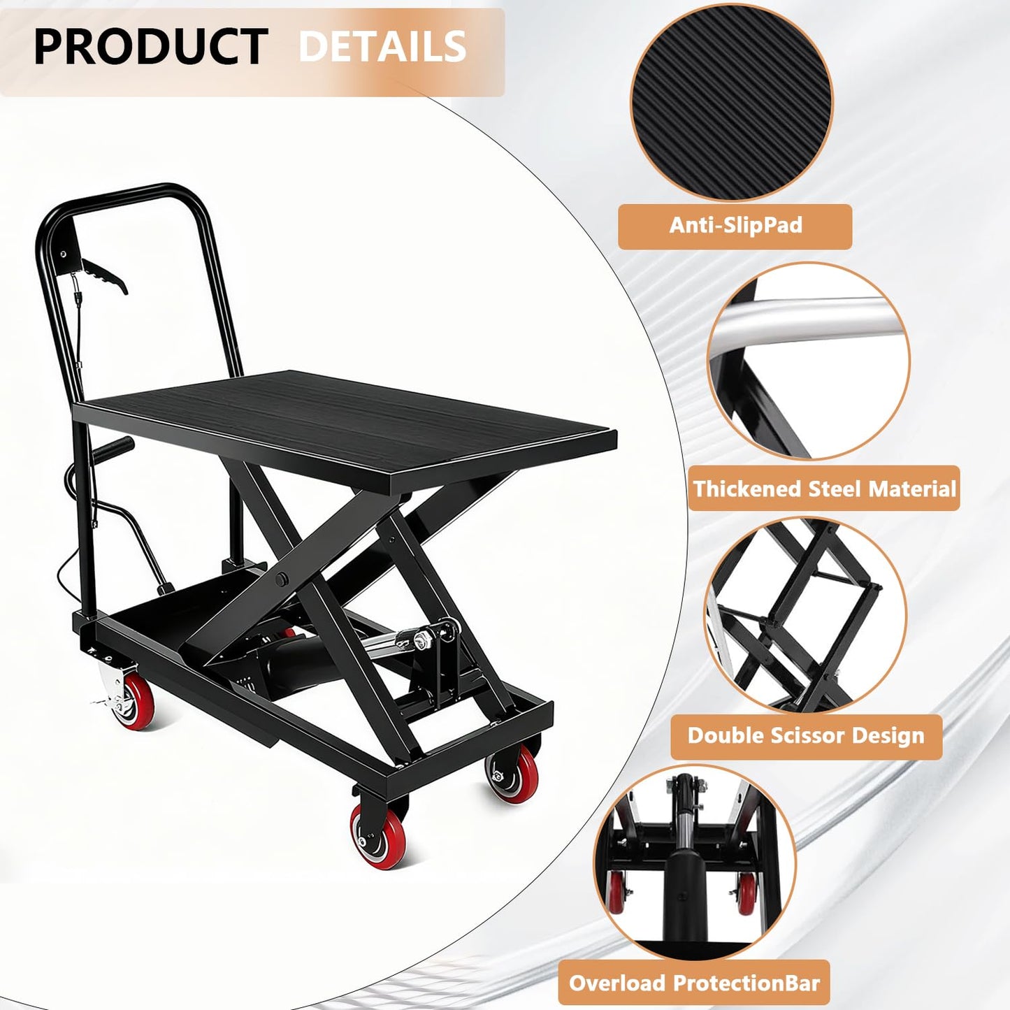 Hydraulic Lift Table, 1100 Lbs Capacity, 32" Lifting Height, Single Scissor Lift Table Cart with 4 Wheels and Non-Slip Pad, Manual Hydraulic Lifting Cart (Black-1100-Single-NEW)