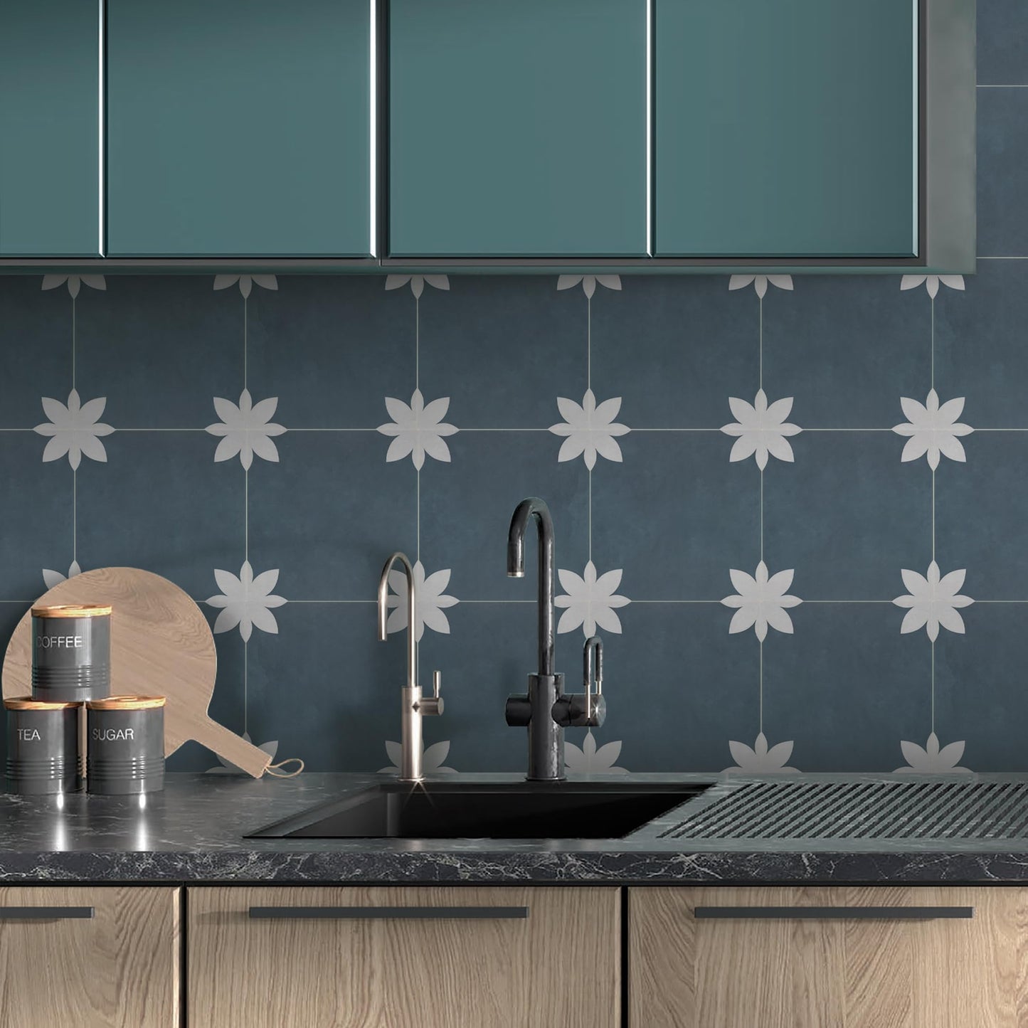 INNO STCIEKRS 16-Sheet Peel and Stick Floor and Wall Tile for Bathroom Kitchen, 9" x 9" Blue Flower SPC Self-Adhesive Vinyl Flooring Patterned Groutable Backsplash Tile, Covers 9.12 Sq Ft.