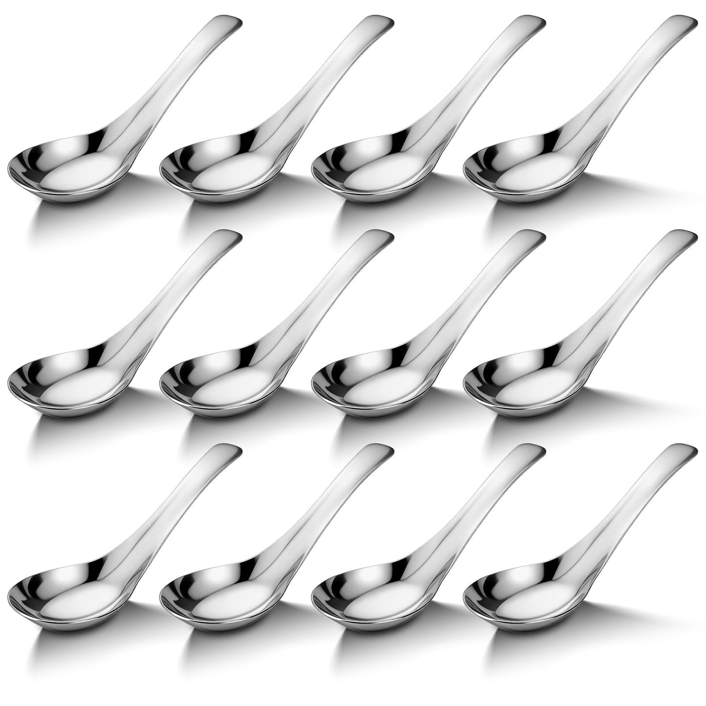 12 Pcs Soup Spoons, Stainless Steel Dinner Spoons, Stainless Steel Chinese Soup Spoon, Mirror Polished Asian Spoon for Bouillon Dessert Cereal Ramen Thai Miso, 1.8 x 6 Inch, Silver