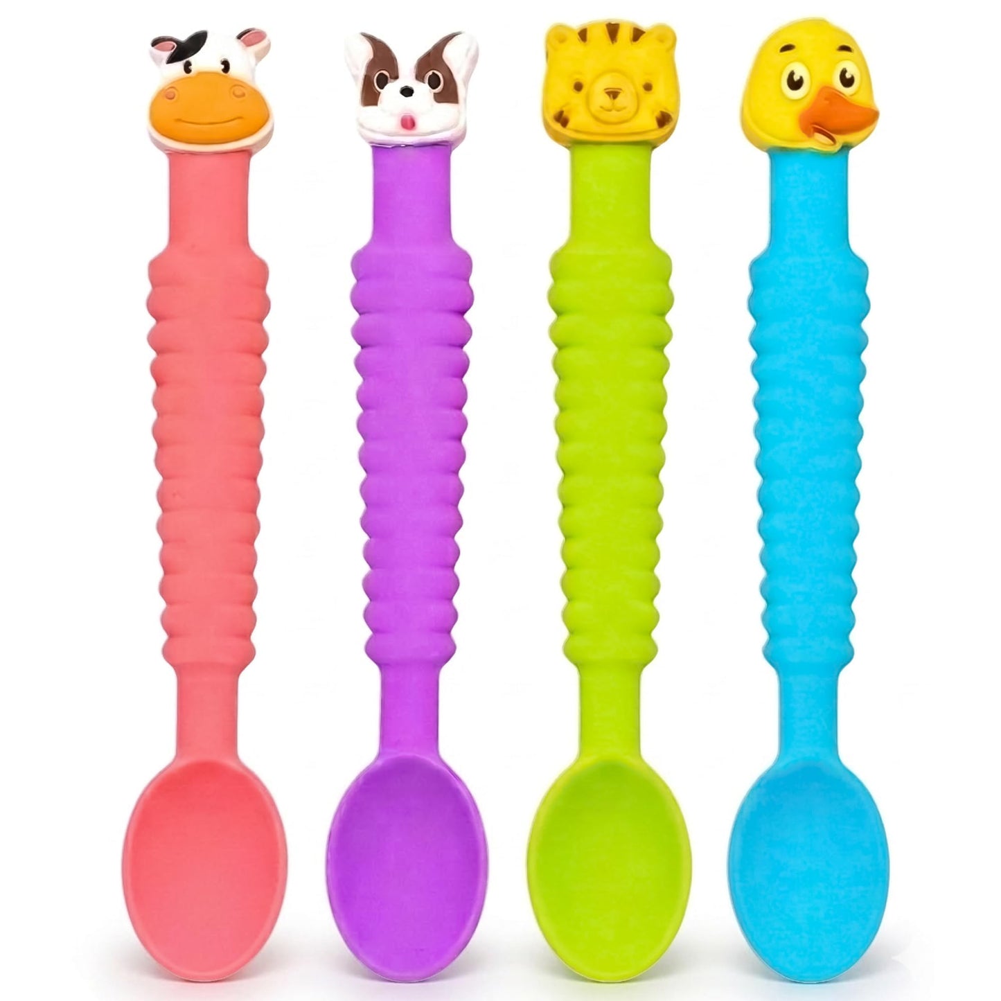 Little Grubbers 3-in-1 Silicone Baby Spoon Self Feeding 6+ Months - Pediatric OT Designed Teether Spoon, BPA Free Infant Toddler Utensils, Mess-Free, Fun for Baby Led Weaning Supplies - 4 Pack