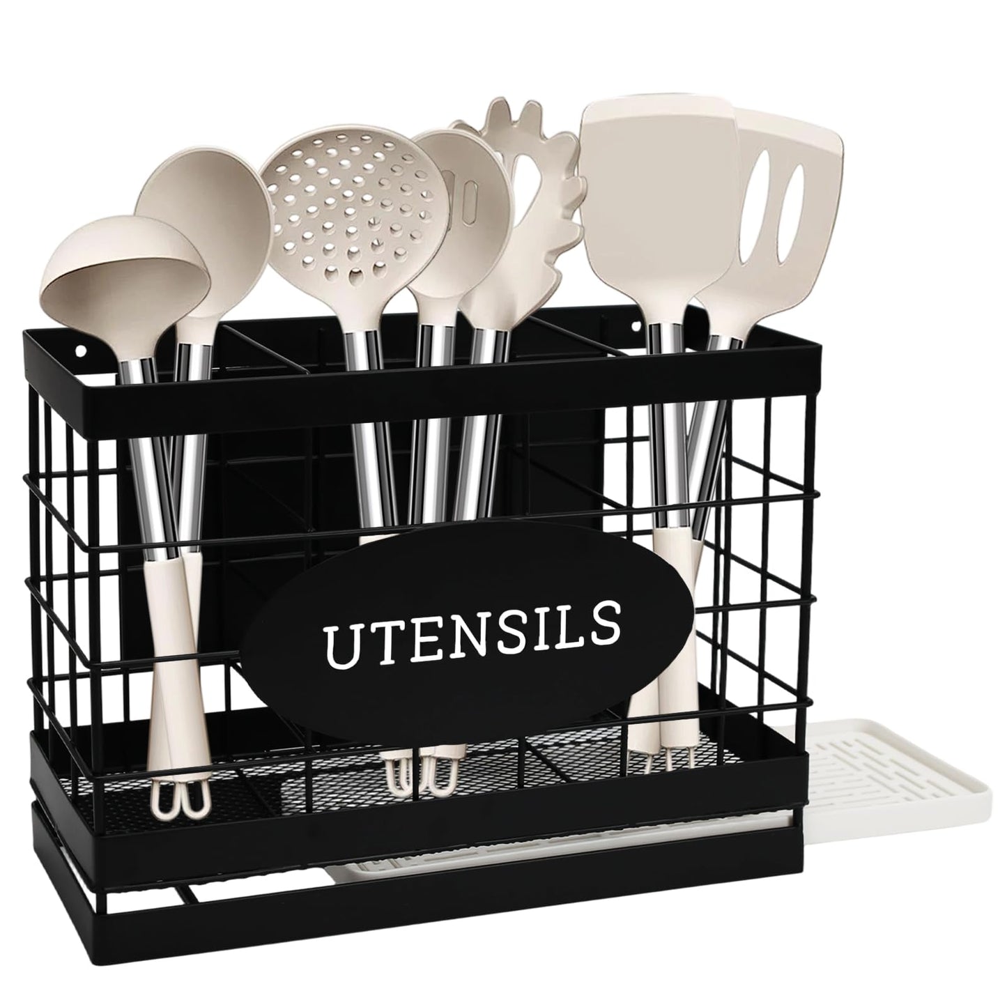 Vivise Magnetic Utensil Holder for Fridge Large Silverware Organizer Kitchen Utensil Organizer with Draining Kitchen Counter Sturdy Black Metal Cooking Caddy Storage for Silicone Spatula Fork Spoon