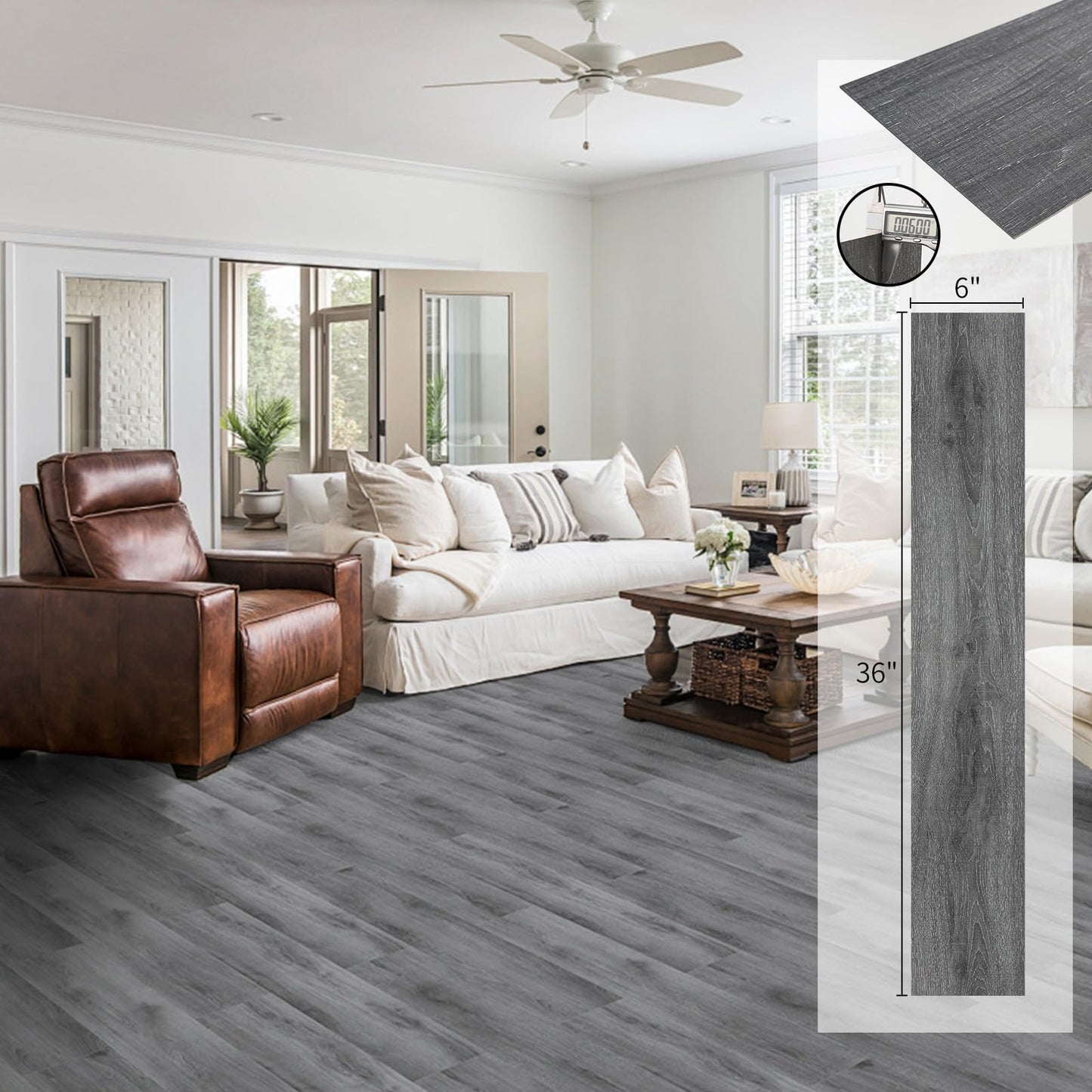 MULGREAT Peel and Stick Floor Tile, 54 Sq.Ft 36 Pieces 36"x6" Long Vinyl Flooring, 1.5mm Thick Waterproof Renter Friendly Self Adhesive Vinyl Plank Flooring for Bedroom RV Kitchen (Grey Oak)