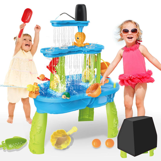 Dolanus 3-Tier Water Table for Toddlers with Pump, Table Cover - Sand Activity Sensory Playset, Summer Outdoor Outside Pool Backyard Beach Toys for Kids Age 1 2 3 4 5 8 Year Old Boys Girls