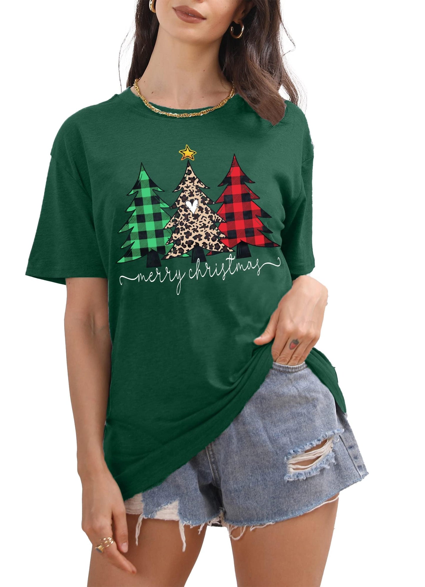 Christmas Shirts Women Merry Christmas Leopard Tree Graphic Tees Short Sleeve Xmas Tshirts Holiday Tops