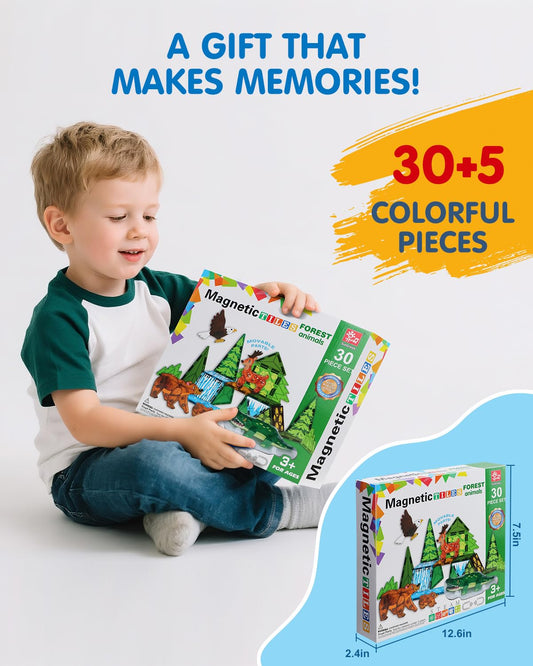 Givzan Magnetic Tiles Animals & Dinosaurs Toys, STEM Educational Building Blocks, Sensory Set 35 PCS for Toddlers Kids Ages 3-5 5-7, Boys Girls Birthday Gift Age 3+