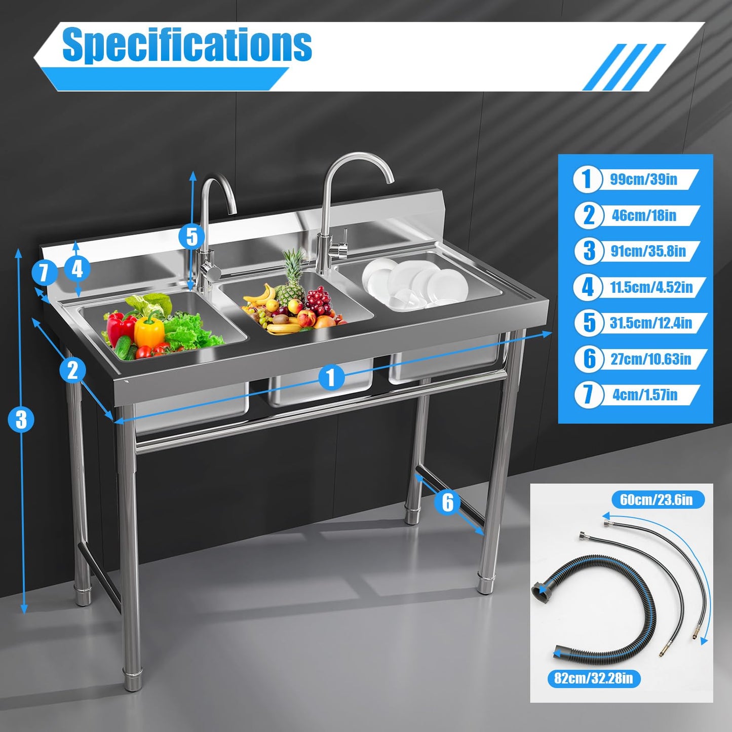 YUASDUU 3 Compartment Sink, 304 Stainless Steel Utility Sink Freestanding Kitchen Sinks Commercial Sinks with 2 Faucet & Cold and Hot Water Pipe Suitable for Food Truck Restaurant, 39'' × 18'' × 36''
