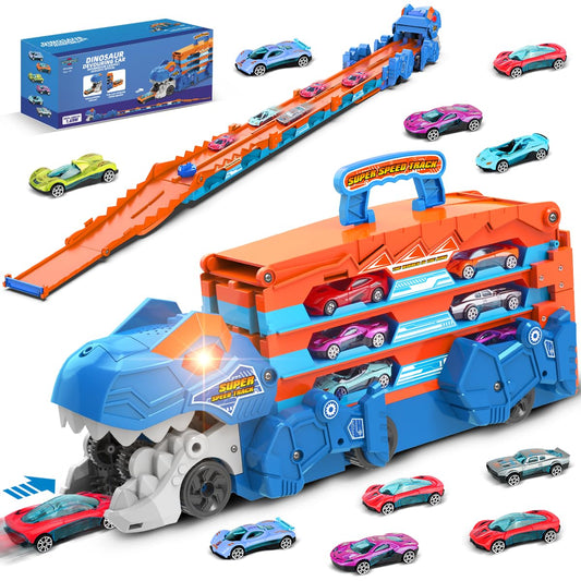 TERRAMUS Dinosaur Transport Truck Toy for Kids - 3 in 1 Ejection Folding Track Toys w/Sound 8 Race Cars, Portable Vehicles Set Best Gift for Boys Girls 3 4 5 6 Years Old - Possesses Invention Patents