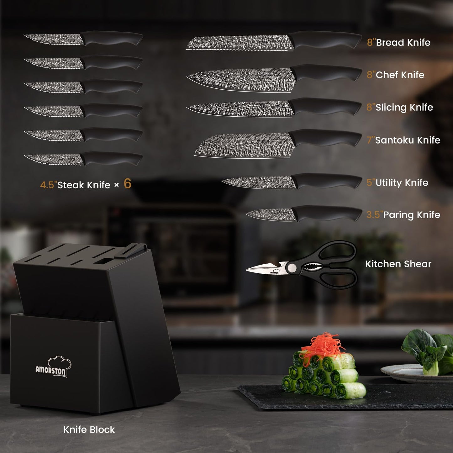 Knife Set, Amorston 15 Pieces Kitchen Knife Set with Built in Knife Sharpener, High Carbon German Stainless Steel Knife Block Set, Black Dishwasher Safe Knives Set, Mothers Day Gifts