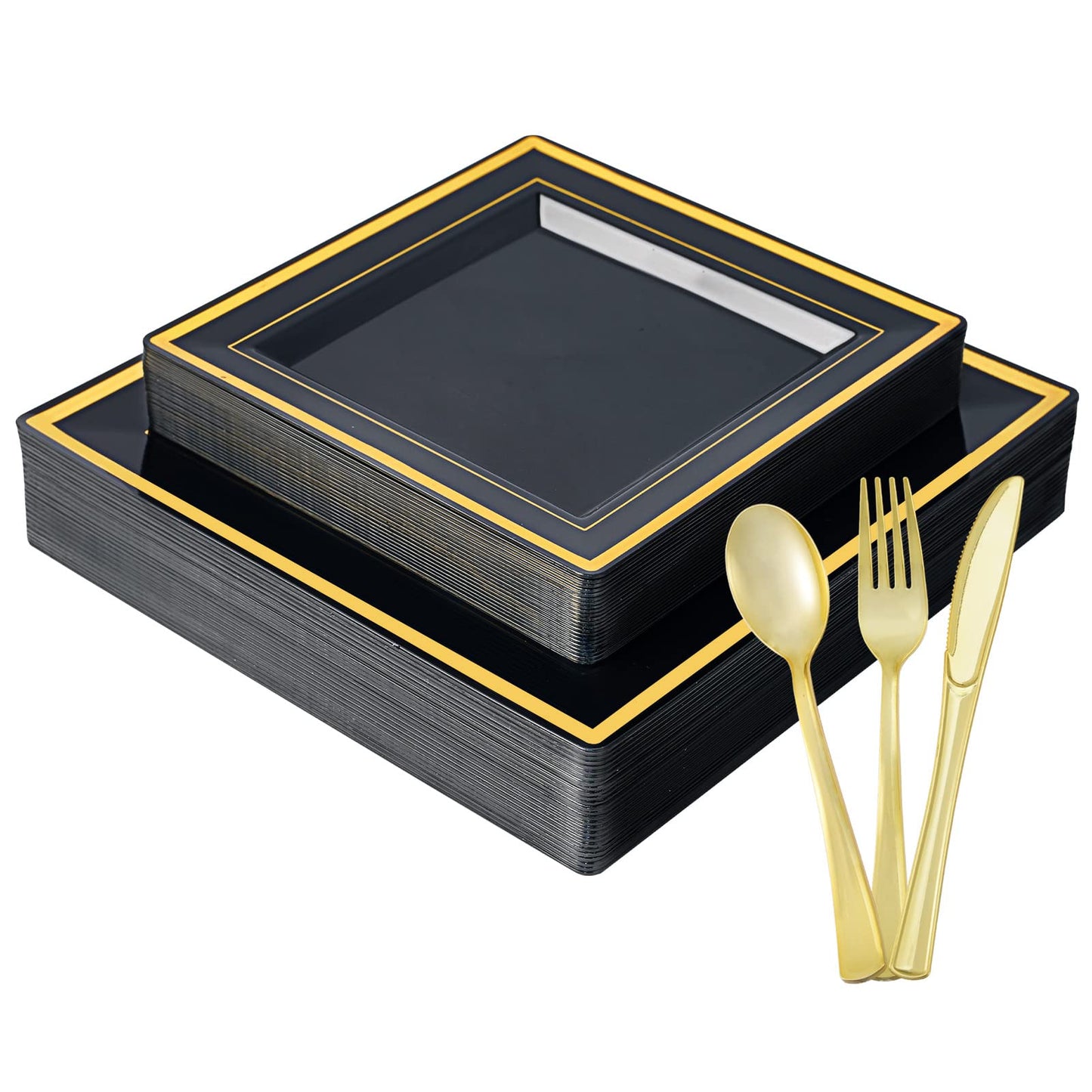 JOLLY CHEF 125 Count Square Black Gold Plastic Plates, Including 25 Disposable Dinner, 25 Dessert, 25 Knives, 25 Forks and 25 Spoons, Plastic Dinner Plates for Weddings and Parties