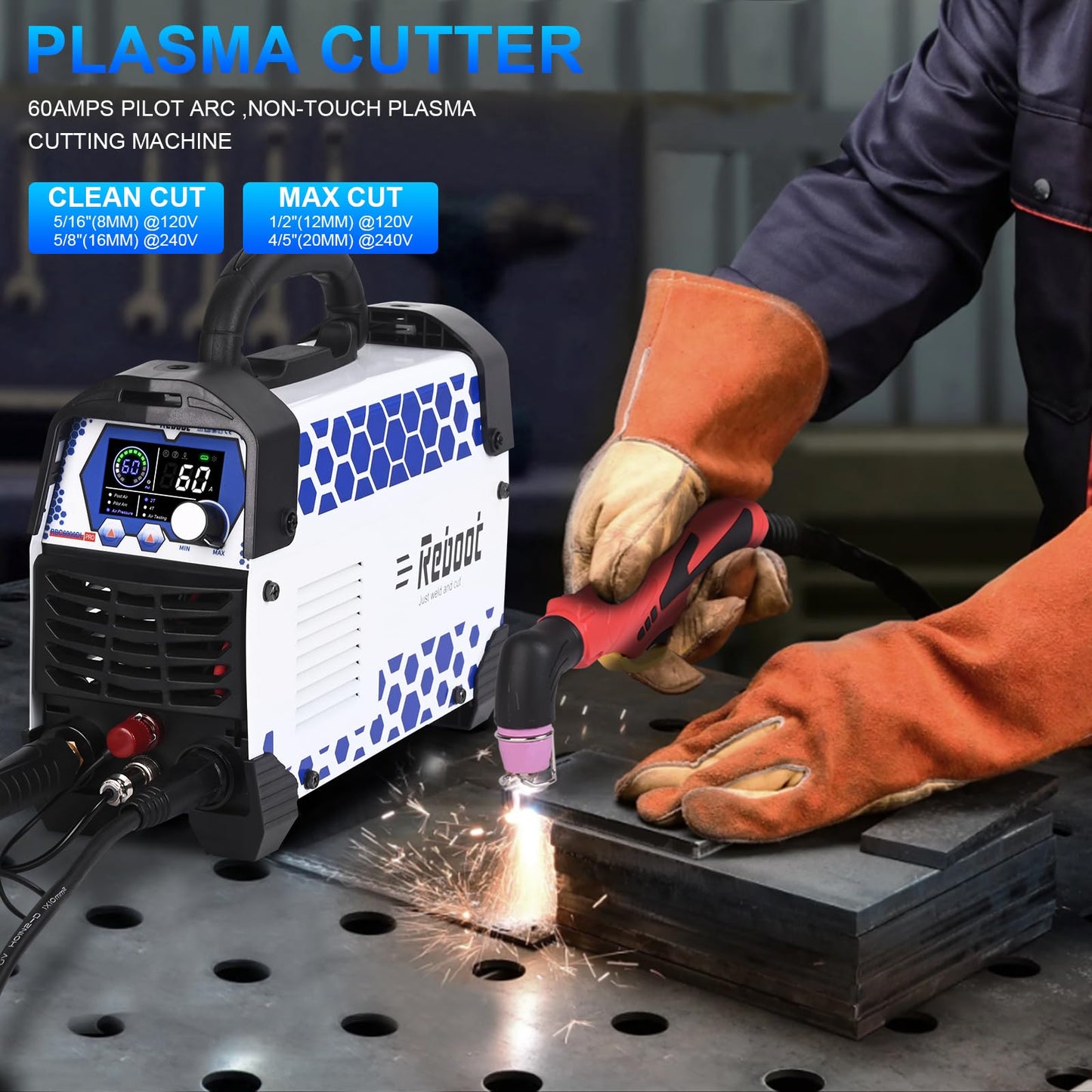 Reboot Pro 60A Plasma Cutter 2025, Pilot Arc Non-Contact Cutting, 120V/240V Dual Voltage,Large Digital Smart Screen with Reboot 250Amp MIG Welder 8-in-1 Dual Aluminum