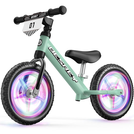 besrey Toddler Balance Bike 2 Year Old: All-Metal Frame & 12" Self-Lighting Wheels, Kids Bike with Adjustable Seat, Custom Plate w/Bonus 4 Sets of Stickers, Gift Bike for Boys Girls 2 3 4 5 Years Old