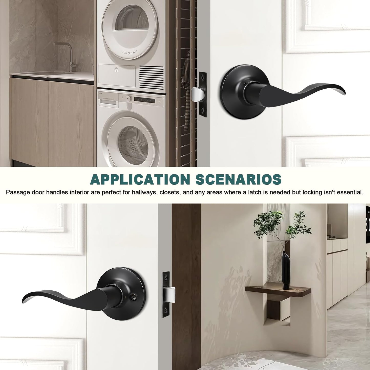 GOBEKOR 3 Pack Passage Door Levers Hallway Closet Door Handles Interior Door Handle with Lock Keyless Matte Black Wave Door Handle Lever Set