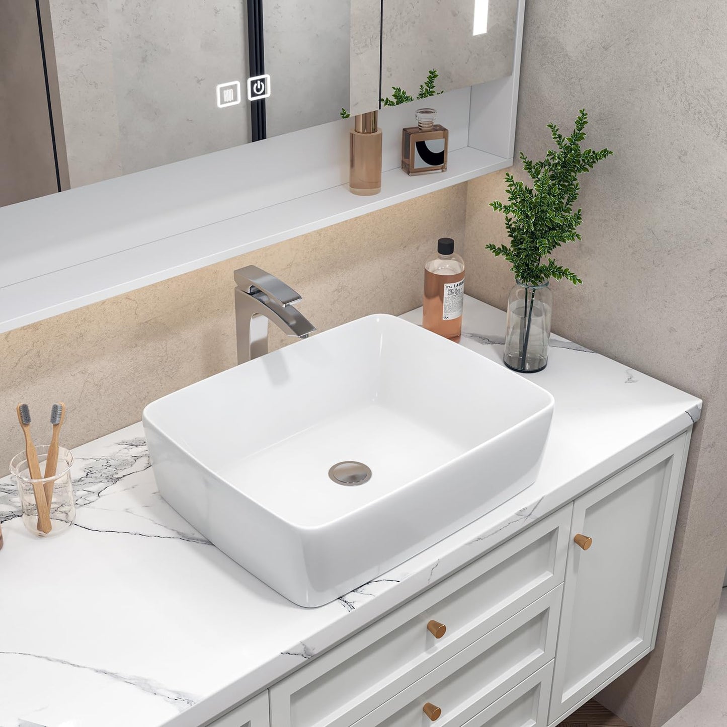 Sinber BVS1915A-OL 19" x 15" x 5.31" White Rectangular Ceramic Countertop Bathroom Vanity Vessel Sink