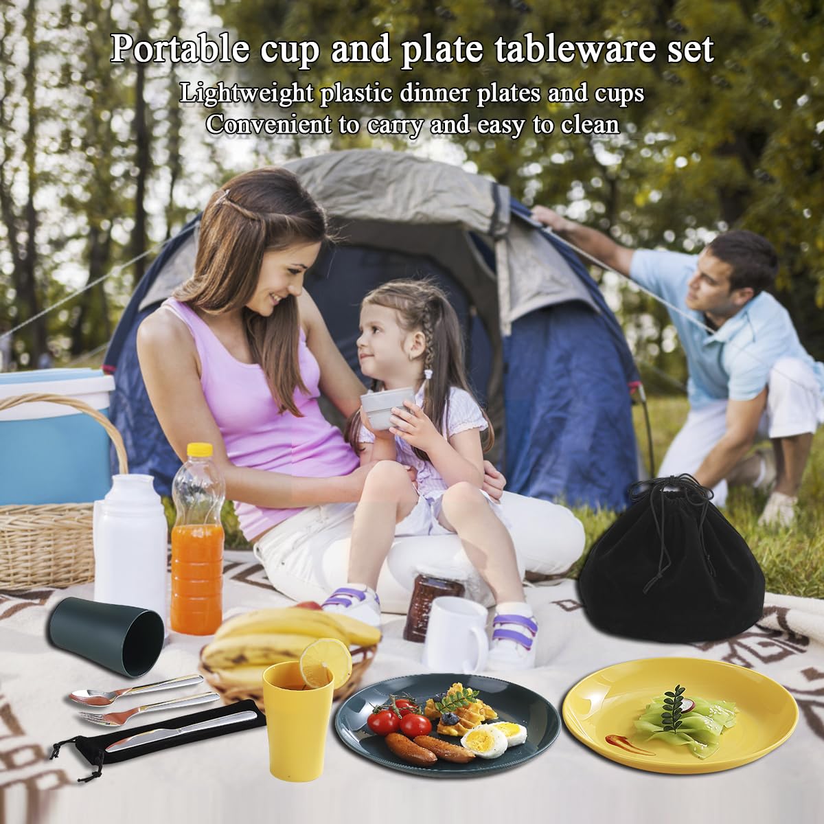 Evanda Camping Cutlery Set 10 Piece, Reusable Light Weight Mug, Plate and Stainless Steel Cutlery Set with Black Bag, for Camping 2 Person, Dishwasher Safe