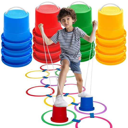 8 Pair Balancing Stilts for Kids and 1 Hopscotch Ring Game Set Thickened Walking Bucket with Adjustable Rope Hop Scotch Kid Balance Coordination Toy Indoor Outdoor Birthday Playground Game Party Favor