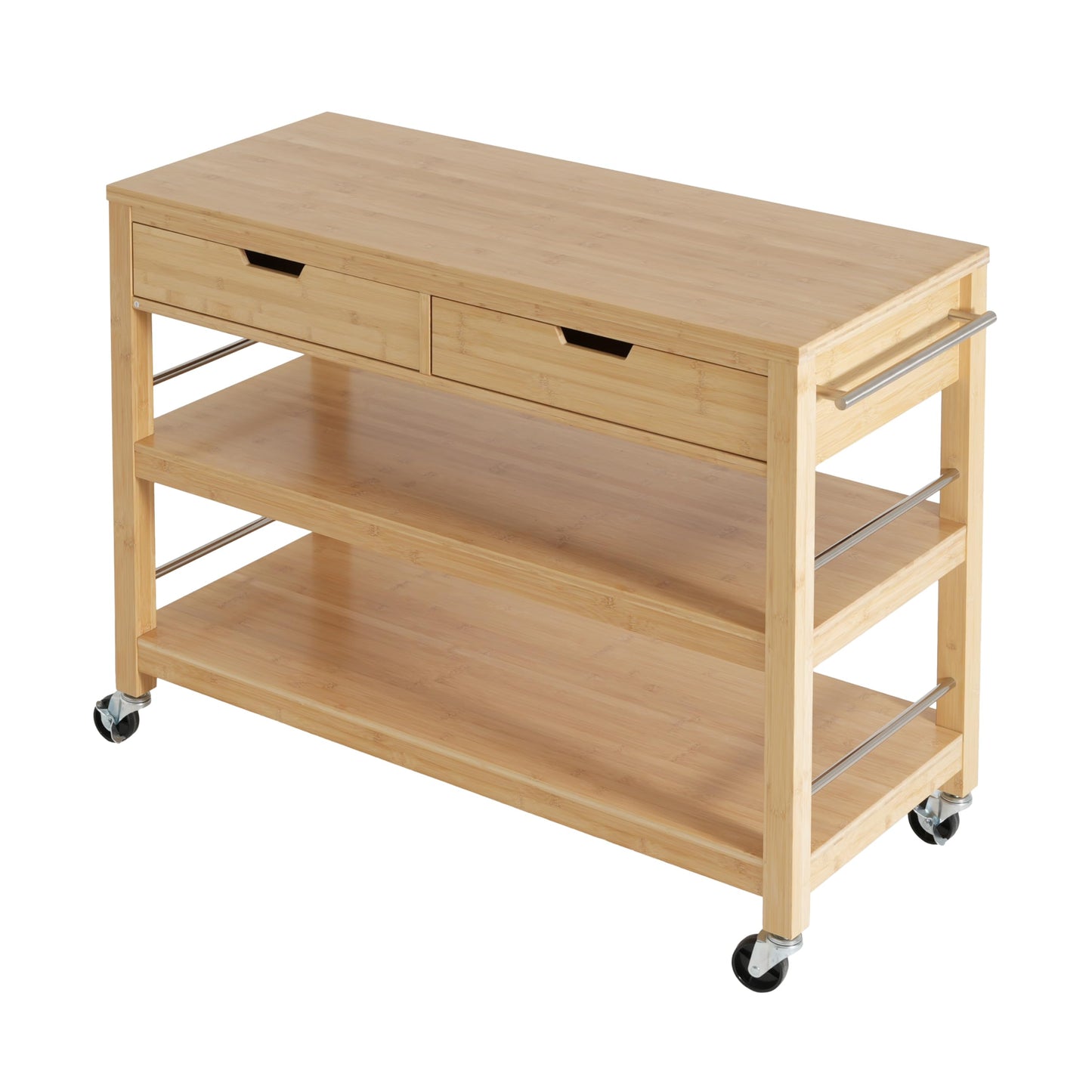 Merax Indoor Multifunctional Natural Bamboo Bar Cart with Locking Wheels, Drawers, and Open Shelves - Ideal for Kitchen, Dining, and Entertaining