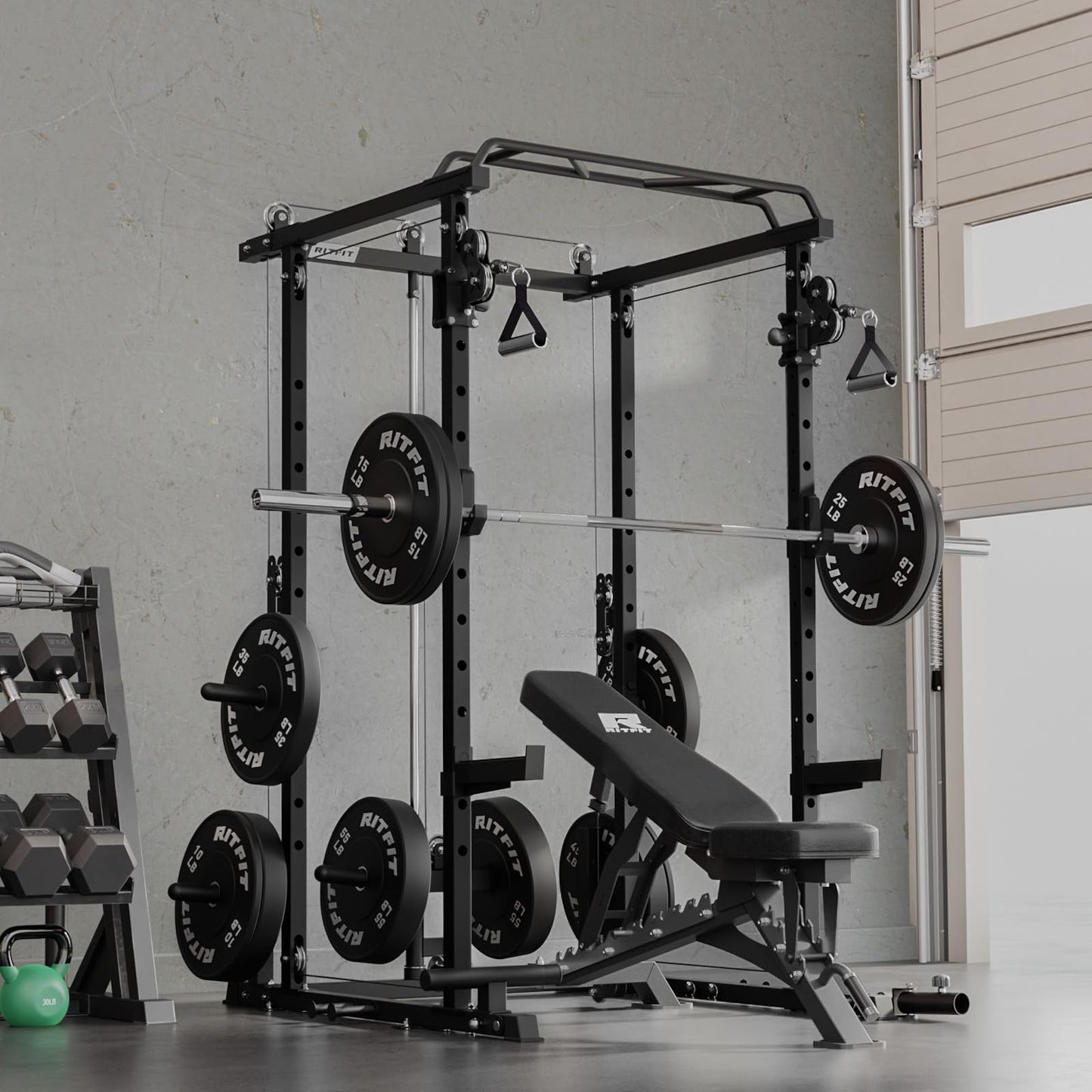 RitFit Multi-Function Power Rack Cage PPC-P3 with Adjustable Cable Crossover System,1200LBS Capacity, Full Home Gym Workout with J-Hook, Landmine and Other Attachments-Black