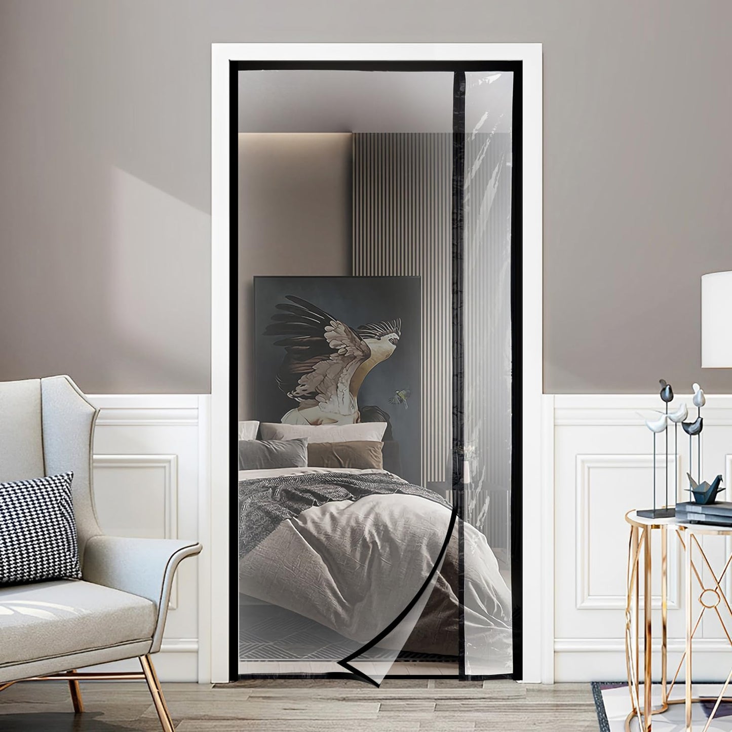 Transparent Reversible Left or Right Side Opening Insulated Door Curtain, Magnetic Thermal Door Cover Self-Closing Screen Door for Kitchen, Bedroom, Air Conditioner Room, Fits Doors up to 36" x 82"