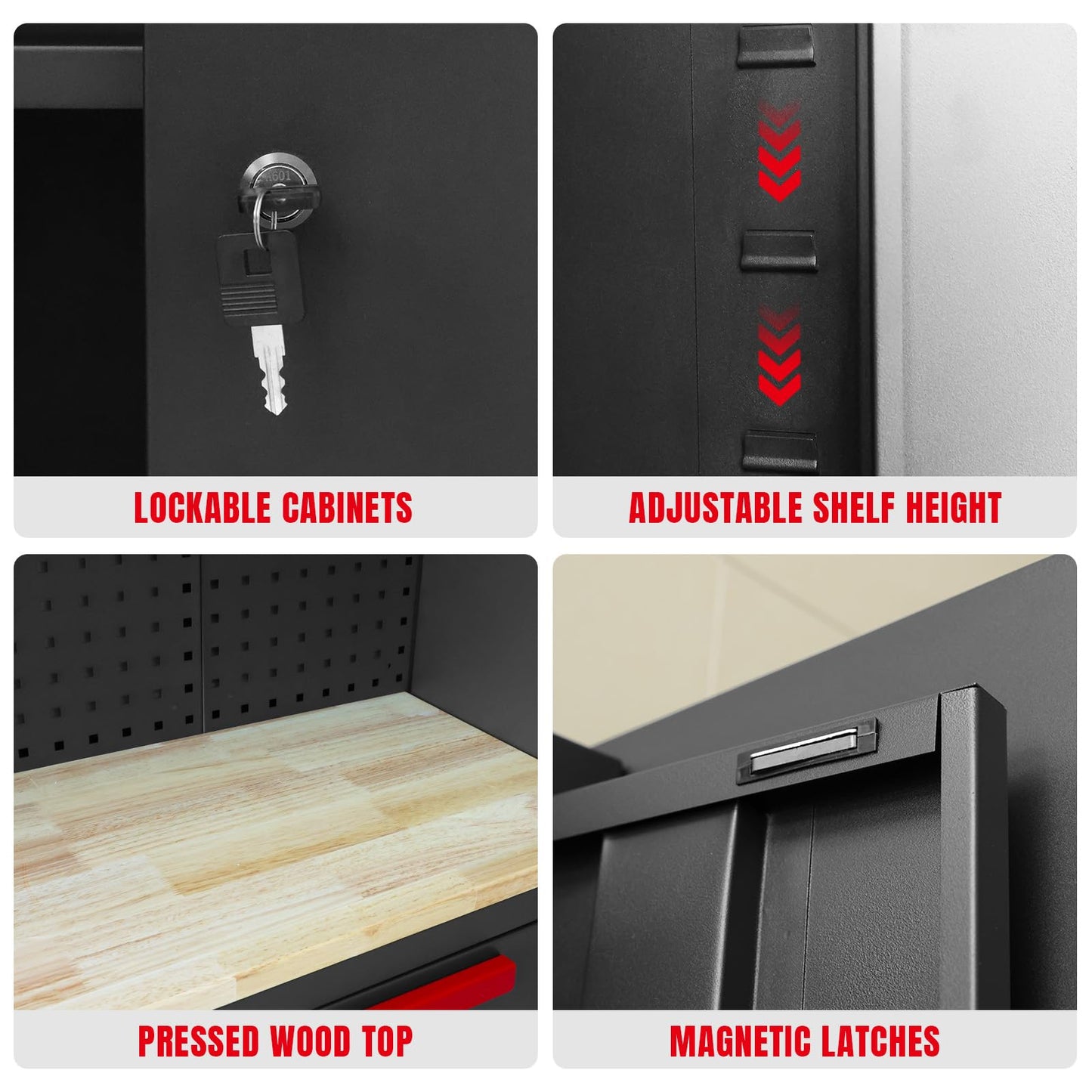 TCE 6 Piece Garage Cabinets Storage System: Includes Steel Cabinets, Drawers, Rolling Chest and Pegboard, Garage Workbench with Storage - Perfect for Organizing Garage and Tools, Black