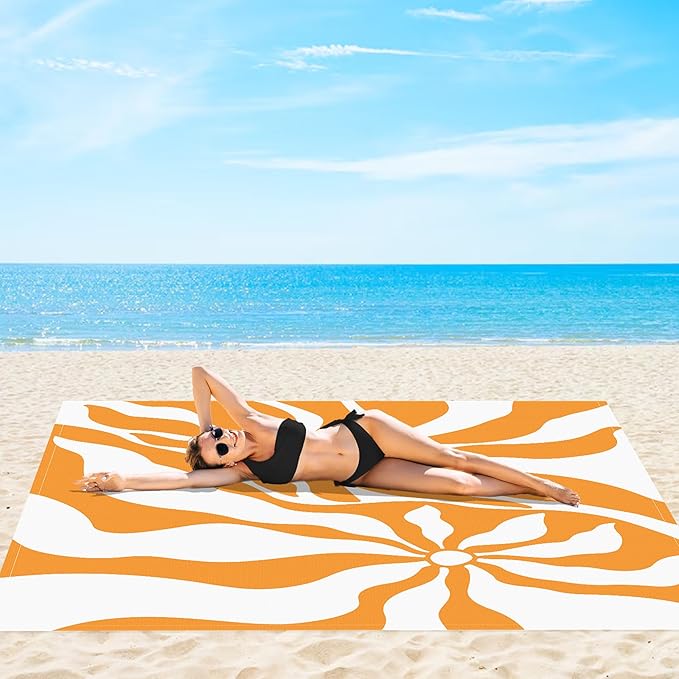 Beach Blanket, 78''×86'' Waterproof Sandproof Beach Mat with 4 Stakes & 4 Pockets, Lightweight Outdoor Picnic Blanket for Travel, Camping, Hiking