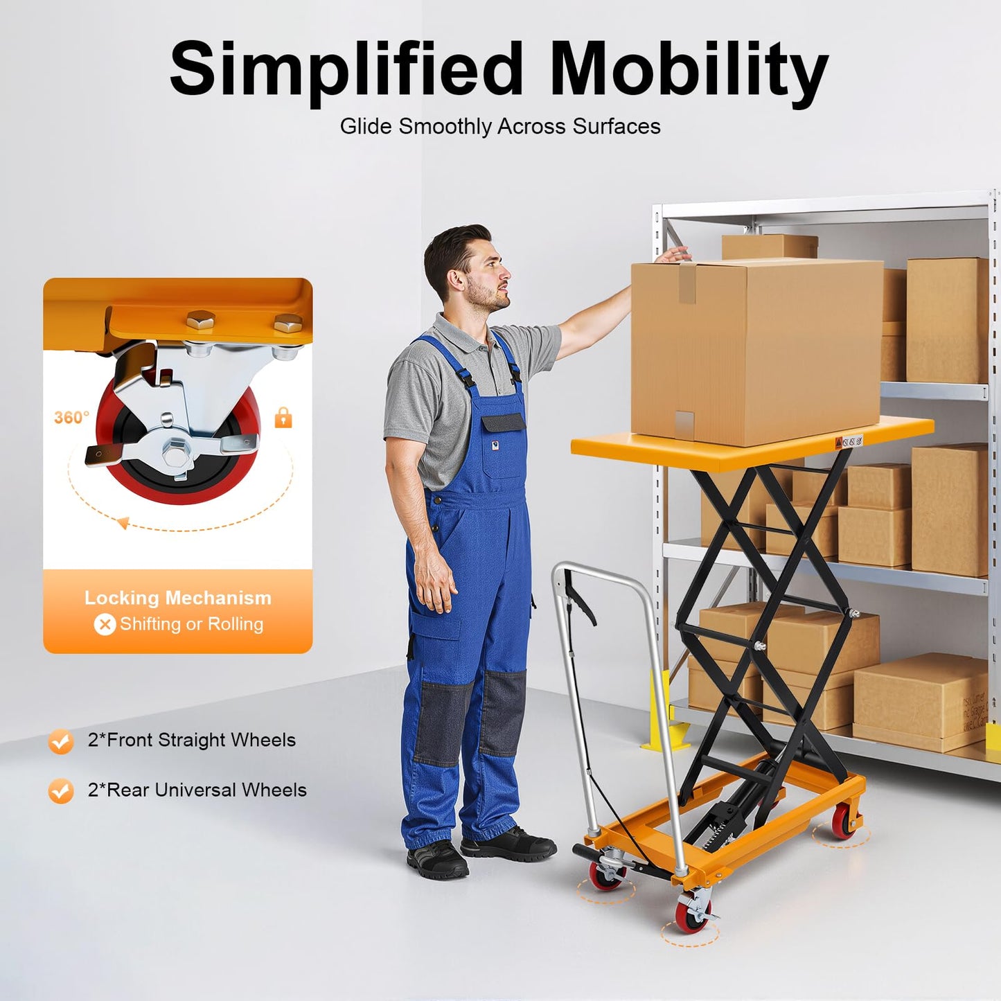 Hydraulic Lift Table Cart, 770lbs Capacity 51" Lifting Height, Hydraulic Scissor Lift Table Cart with 4 Wheels Pallet Lift Table for Material Handling and Transportation (770lbs)