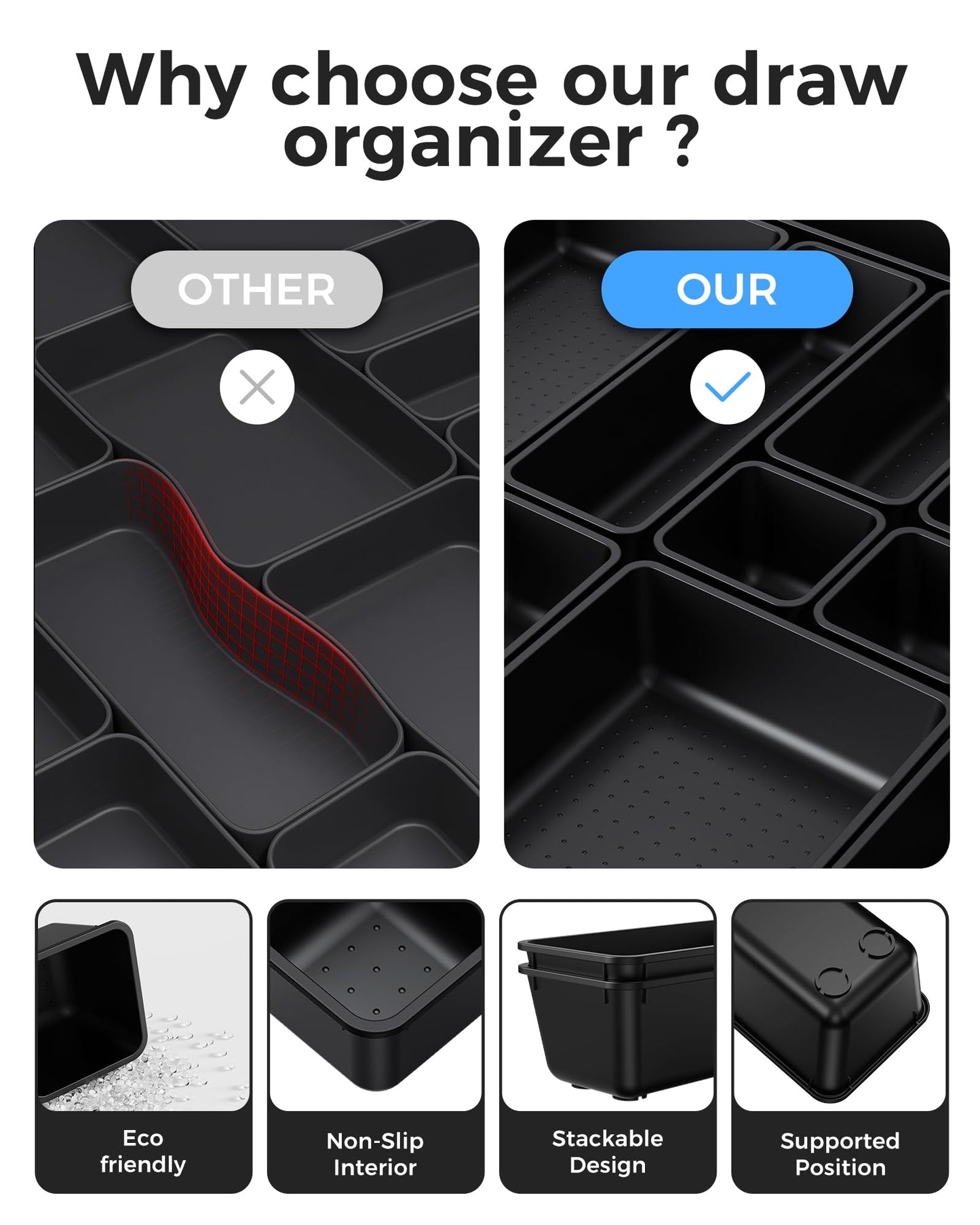 BiuLeon 25 PCS Plastic Drawer Organizers Set, 4-Sizes Vanity and Makeup Organizer, Desk and bathroom Drawer Organizer Trays, Organizers and Storage for Makeup, Jewelry, Gadgets, Utensils (Black)