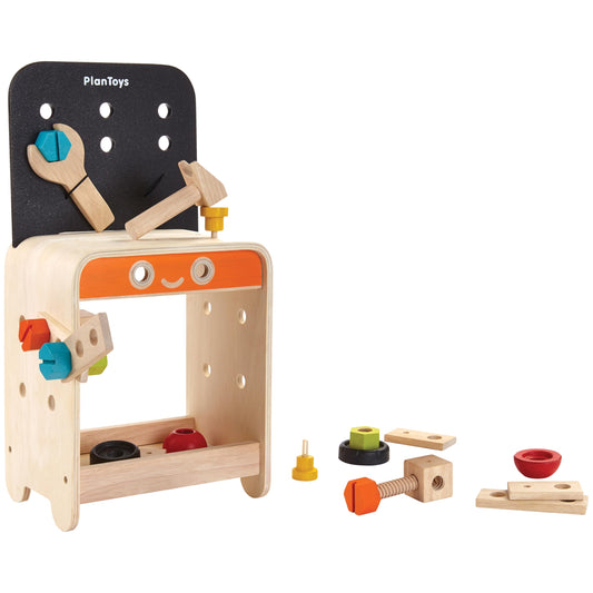 PlanToys® Wooden Tool Bench for Kids | Pretend Play Construction Toy with Tools & Accessories | Educational STEM Toy for Toddlers | Montessori Fine Motor Skills Workbench Playset