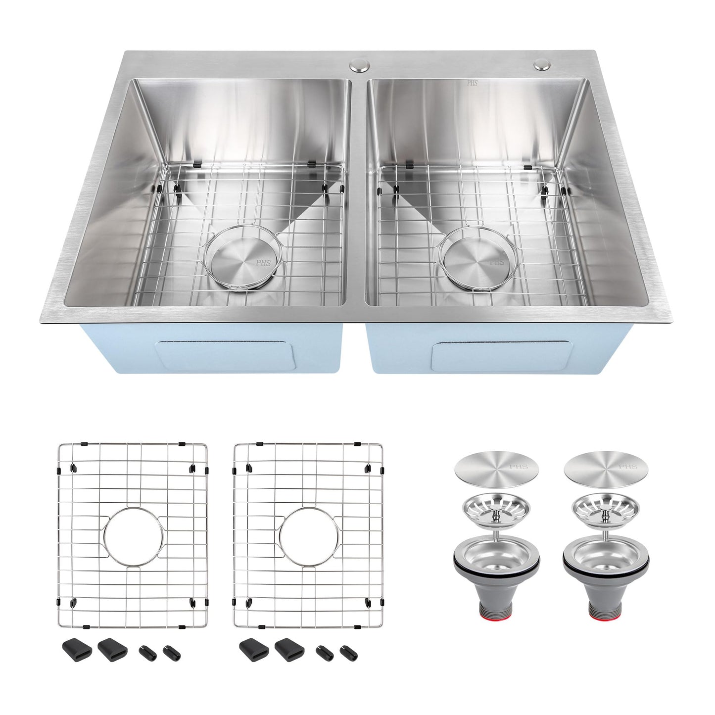 PHS 33 Inch Drop In Double Bowl Kitchen Sink 50/50-16 Gauge Stainless Steel Overmount Kitchen Sink 33x22 with Accessories, 9 Inch Deep Sinks with Brushed Finish