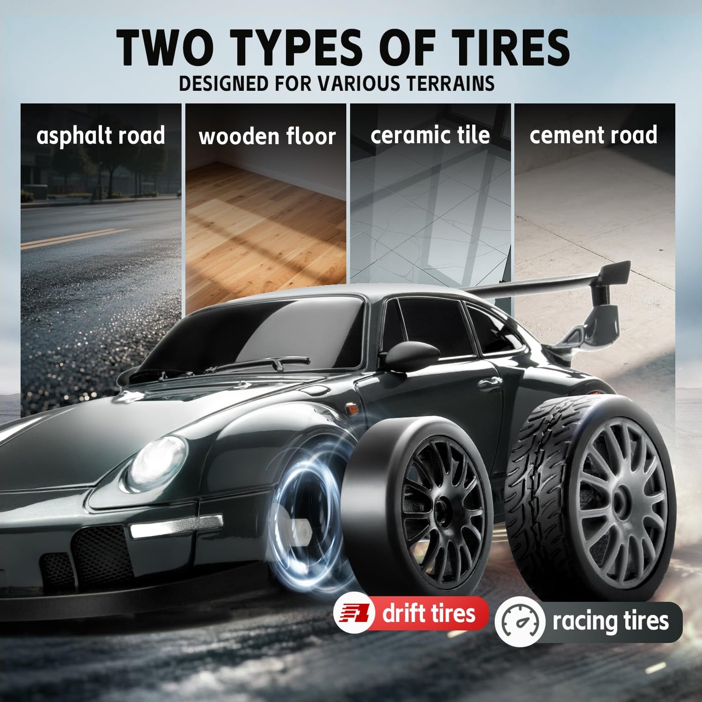 RC Drift Car, 1:24 Scale Remote Control Vehicle with LED Lights, 2.4GHz 20KM/H 4WD High Speed RC Cars, Drifting Tires＆Two Batteries, Racing Sports Toy Idea Gift for Adults Boys Girls and Kids