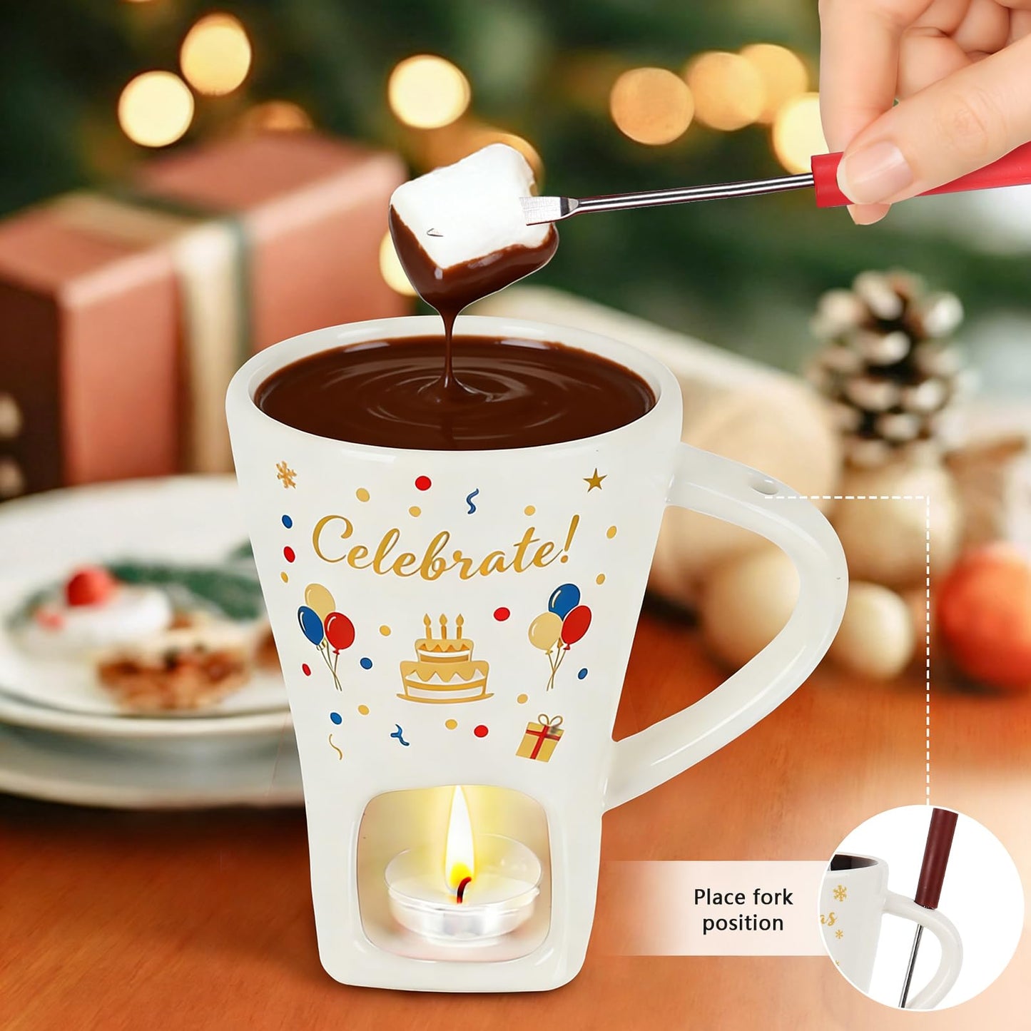 HANEVEAR Chocolate Fondue Mug, Mini Personal Chocolate Melting Mug with 4 Forks and 4 Tealights, Ceramic Fondue Cup for Cheese, Butter - Birthday Gift, Date Night & Wedding Celebrations