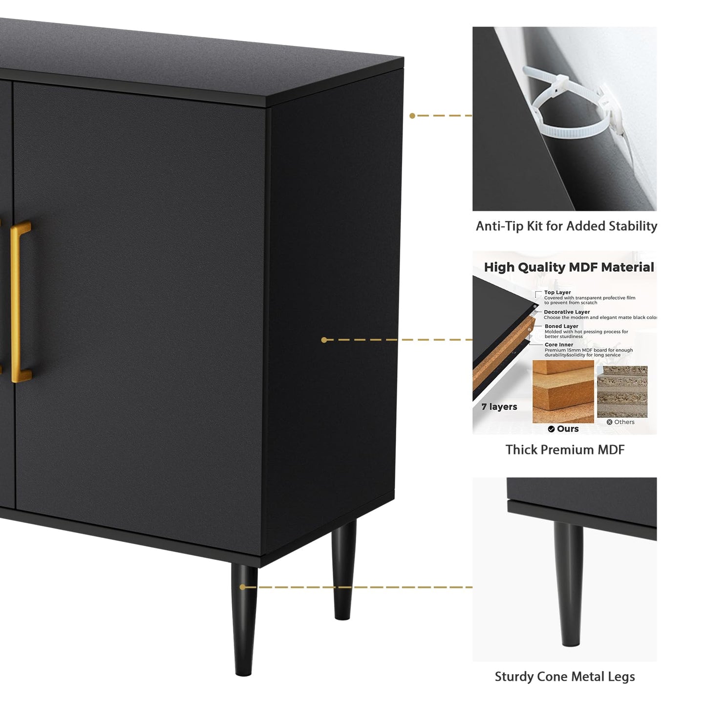Vrullu Modern Storage Cabinet, Free Standing Buffet Cabinet, Black Sideboard and Buffet Storage, Wood Accent Furniture for Living Room, Hallway, Entryway, Dining Room (1, Black)