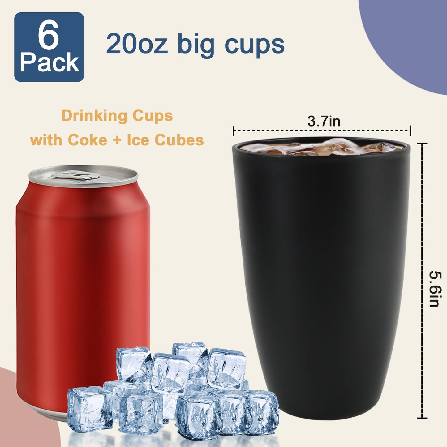 BUSOKIP 20 OZ Wheat Straw Cups SetS of 6, Unbreakable Drinking Cup, Alternative to Plastic Cups Reusable, Microwave & Dishwasher Safe Big Cup, Large Drinking Glasses for Kitchen, Party (Black)