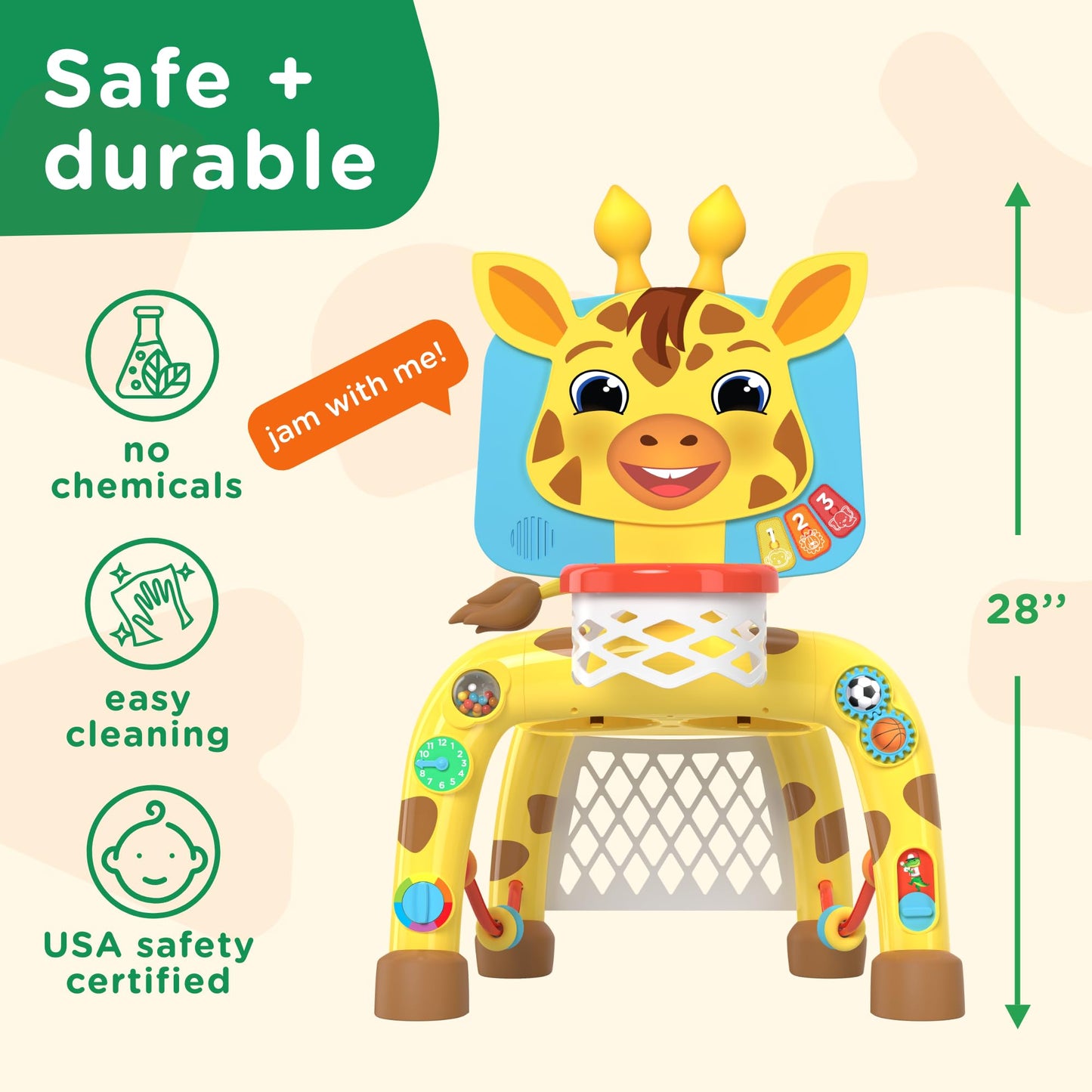 Move2Play, Giraffe Basketball Hoop & Soccer Goal Activity Center | 30+ Sounds & Songs + 5 Lights | 1 2 3 Year Old Birthday Gift for Boys and Girls | Toy for Baby & Toddlers (Yellow)
