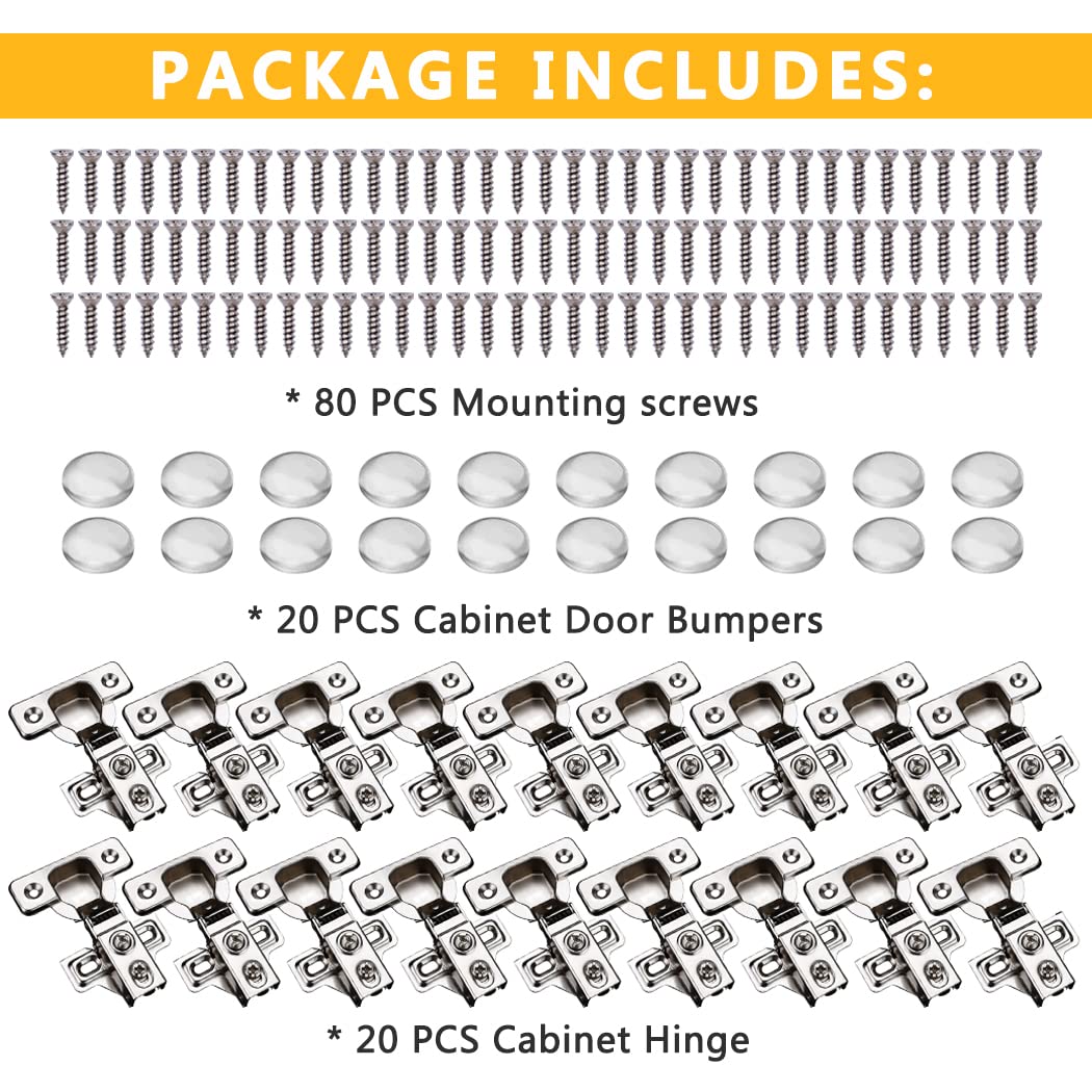 20 Pack Soft Close Cabinet Door Hinges for 1/2" Partial Overlay, 105 Degree Opening Angel, Stainless Concealed Kitchen Cabinet Hinges with Mounting Screws, Manual and Door Bumpers