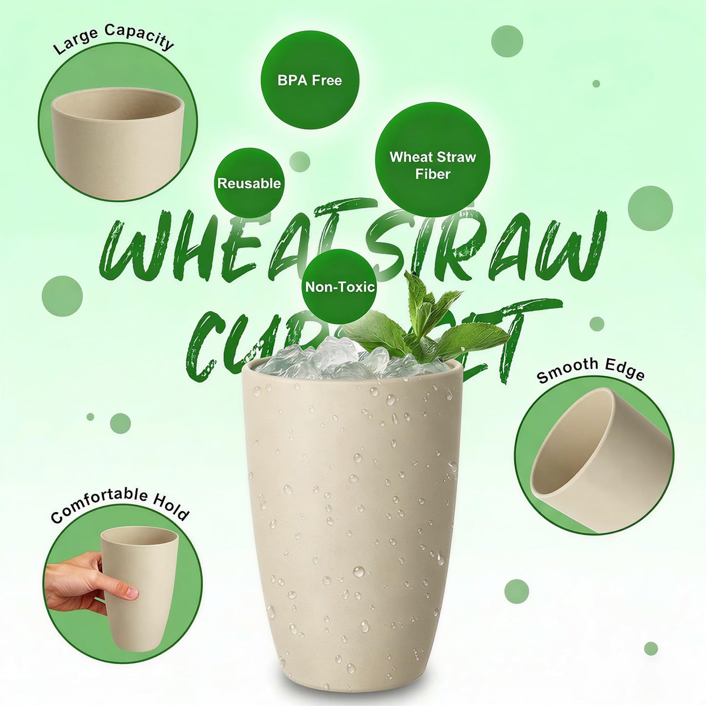Perlapoc Wheat Straw Unbreakable Cups, Large Cups 20 OZ Set of 6, Alternative to Plastic Cups Reusable, Dishwasher Safe Tumblers & Water Glasses for Kitchen, Parties, Camping, RV, Beige