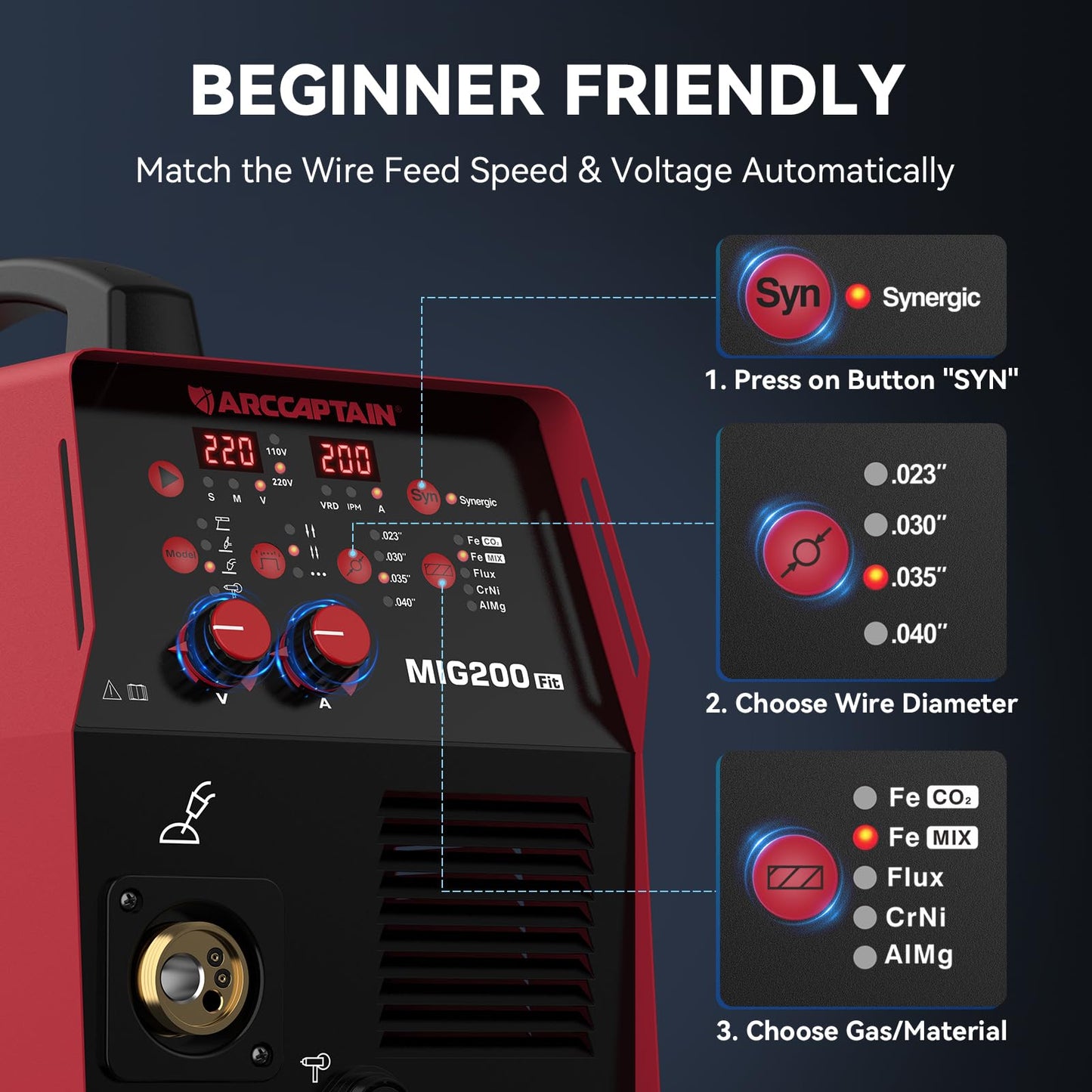 ARCCAPTAIN 6-in-1 Aluminum MIG Welder, 200A Welding Machine 110V/220V, Flux Core MIG/Gas MIG/Lift TIG/Stick Welding/Spool Gun MIG/Spot Multiprocess Welder with Synergy, Ideal for Beginner
