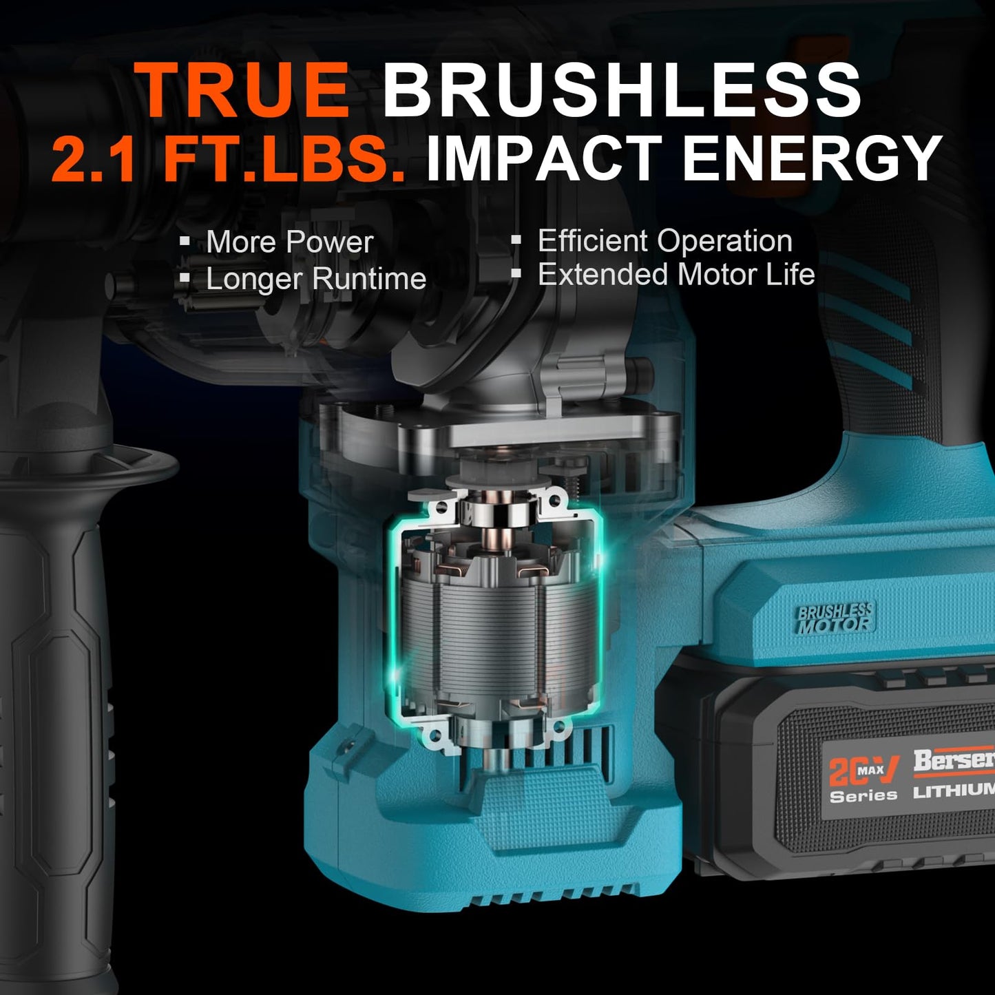 Berserker 20V Cordless 1-1/8" Rotary Hammer Drill SDS-Plus Brushless Motor included 2X4.0Ah Li-ion Battery with Dual Kickback Control,3.0A Fast Charger,4 Mode Variable Speed Rotomartillo for Concrete