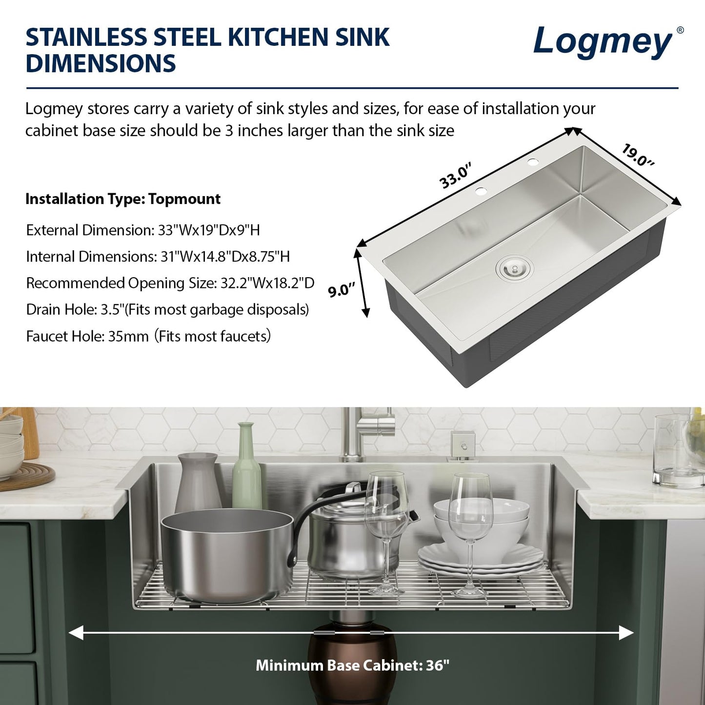 Logmey 33 Drop In Kitchen Sink - 33x19 Inches Stainless Steel Drop-in Kitchen Sinks 16 Gauge Round Corner Topmount Sink Overmount Single Bowl Kitchen Sinks