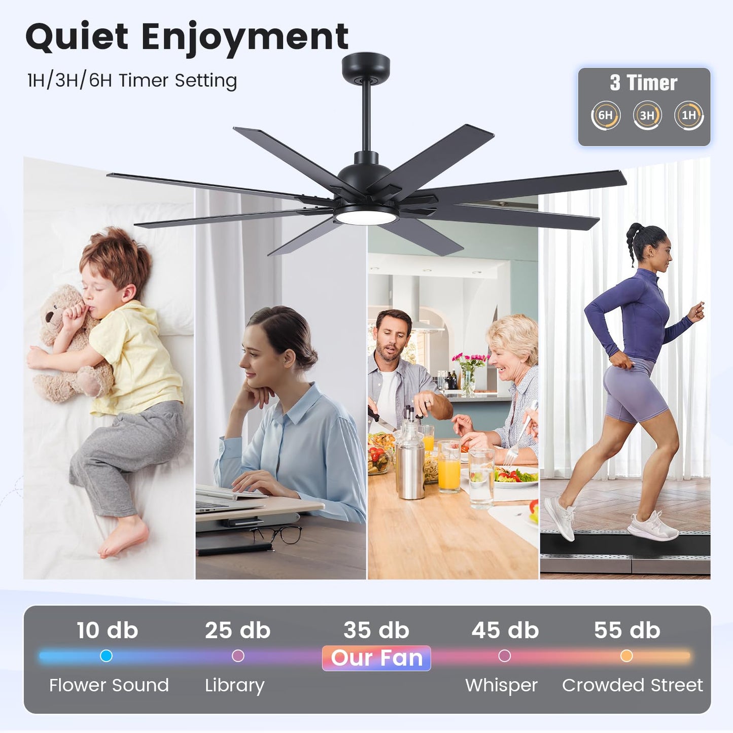 Newday 62 inch Large Ceiling Fans with Lights and Remote, Indoor/Outdoor Black Ceiling Fan for Living Room Patio, 6 Speeds Slient Reversible DC Motor, 3CCT, Timer, 2 Downrods, 8 Blades