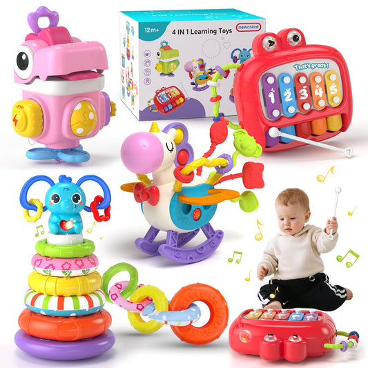 4 in 1 Baby Toys for 6 to 12 Months, Infant Sensory & Stacking for 1+ Year Old, Busy Cube Toys for Babies 12 -18 Months, Piano Xylophone Musical Travel Toys, Christmas Birthday Gifts for 1 - 2 - 3