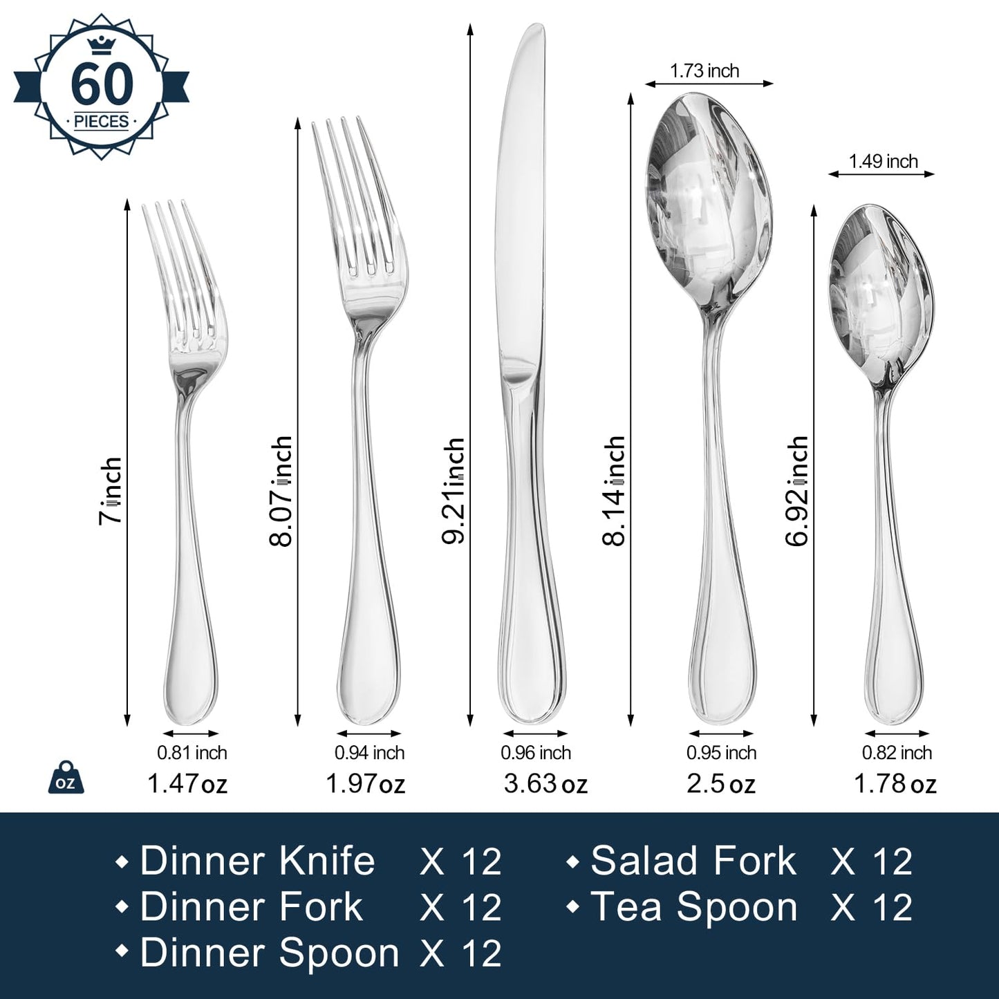 KINGSTONE 60 Piece Teardrop Silverware Set for 12, 18/10 Stainless Steel Flatware Set, Modern Design Cutlery Set for Home/Hotel/Wedding,Mirror Polished and Dishwasher Safe